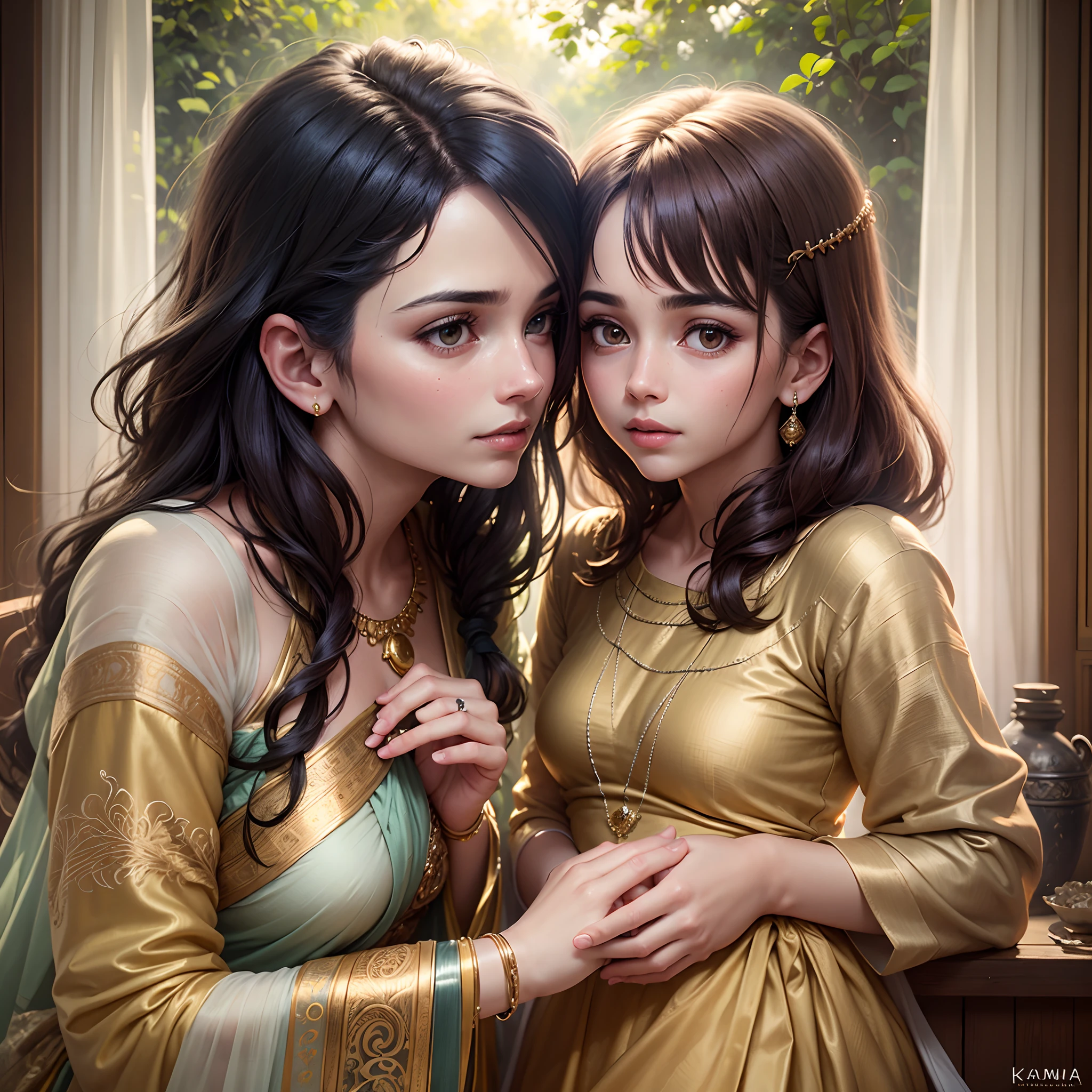 ((best quality)), ((masterpiece)), (detailed) [Camera Setup] Utilizing advanced digital photography equipment capable of capturing the finest details, ensuring a photo-realistic portrayal. The camera is equipped with a prime lens for optimal clarity and precision. [Movie Genre] Historical Drama [Year]: Ancient India [Shot Type]: Close-up Scene: The setting is a tranquil and idyllic corner of an ancient Indian village, surrounded by lush greenery and bathed in soft, diffused sunlight. The ambiance evokes a sense of serenity and warmth. [Action]A young Karna, with an innocent and curious expression, stands beside his mother, holding her hand. His gaze is filled with curiosity as he looks up to her, seeking guidance and reassurance. [Emotion]The portrait captures the deep bond between a mother and her child. Karna's face reflects trust and love, while his mother's expression radiates warmth and protective affection. [Lighting] Natural sunlight bathes the scene in a soft, golden glow, creating a warm and inviting atmosphere. The lighting enhances the textures and details of their clothing and features. --auto --s2