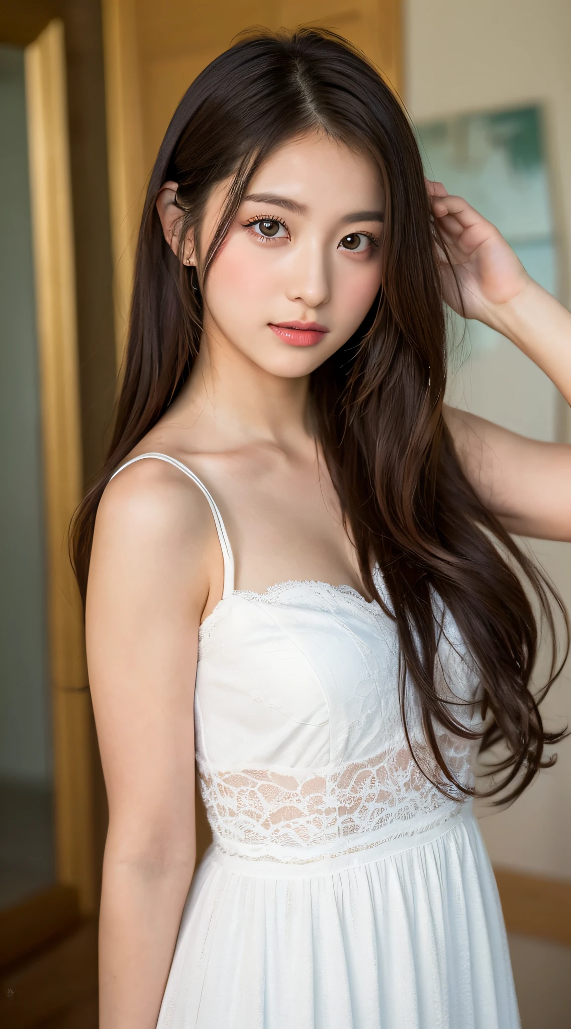 ((Best Quality, 8k, Masterpiece: 1.3)), Beautiful girl in white dress posing for photo, masterpiece, beautiful Japan girl face, realistic young gravure idol, girl cute face,