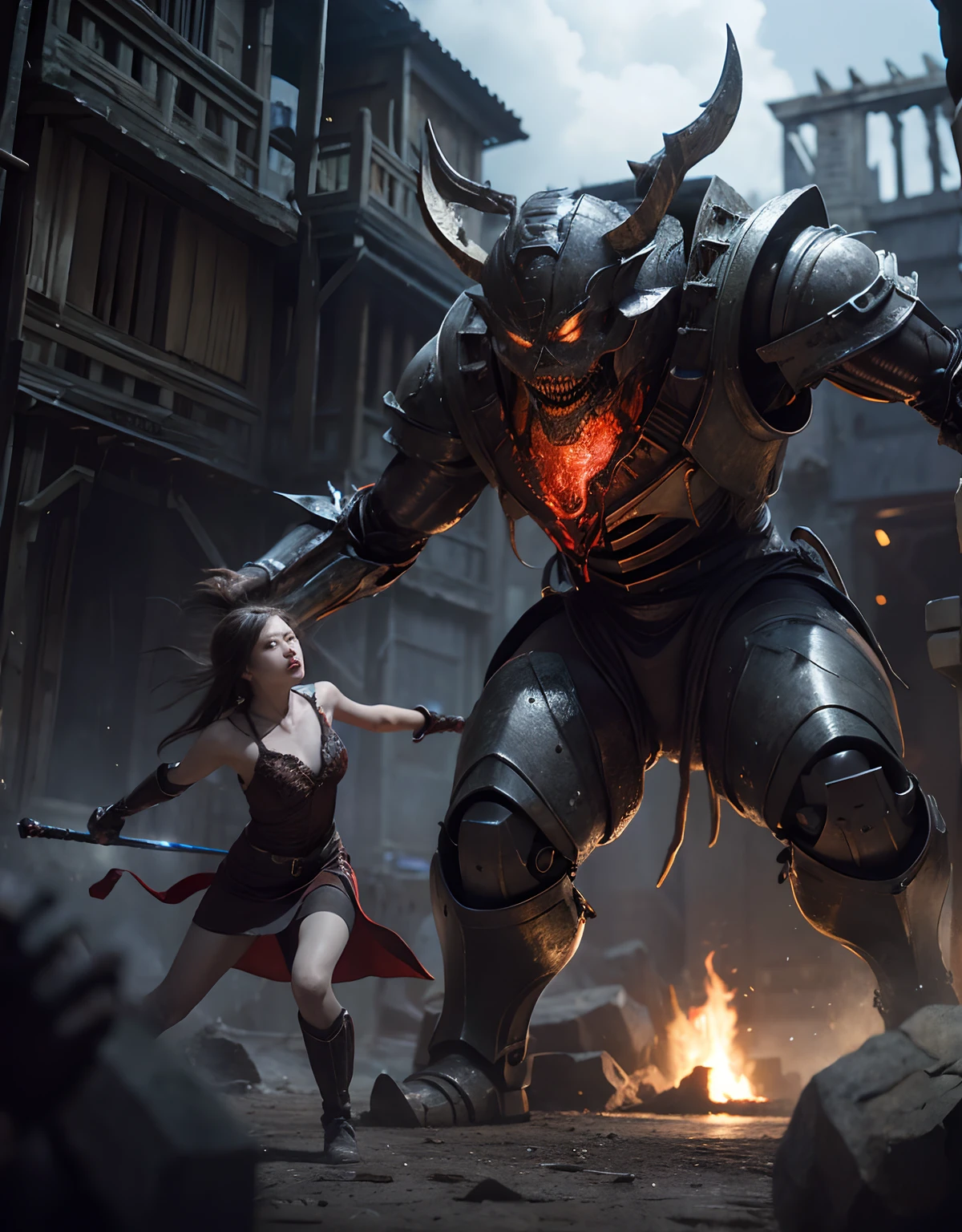 (One Knight Girl)、top-quality、masterpiece、超A high resolution、(Photorealsitic:1.4)、Raw photo、女の子1人、Fight mutants、(Wear the Dark Knight's Armor)、glowy skin、(((Dark Fantasy)))、With a beautiful sword and shield、(Black Metal Bodysuit)、(Fight goblins、ogre、Fierce battle with orcs),(Fight fiercely against aliens)、Fight fiercely、(Skeleton collective background),(Background of decaying dungeon ruins)、(Skeleton helmet)、(Fighting Demonic Beasts)、(Small LED)、((super realistic details))、portlate、(Strong giant demon beast background),globalillumination、Shadow、octan render、8K、ultrasharp、Colossal tits、Raw skin is exposed in cleavage、metals、Details of complex ornaments、Japan details、highly intricate detail、Realistic light、(Mystical expression),CGSoation Trends、Red Eyes、radiant eyes、Facing the camera、neon details、(Mechanical limbs)、(blood vessels connected to tubes)、()、Gundam、Small LED、Toostock、(Fight aliens on another planet)、(Attack of the Monster Beasts)、(Wounded in a deadly battle)、