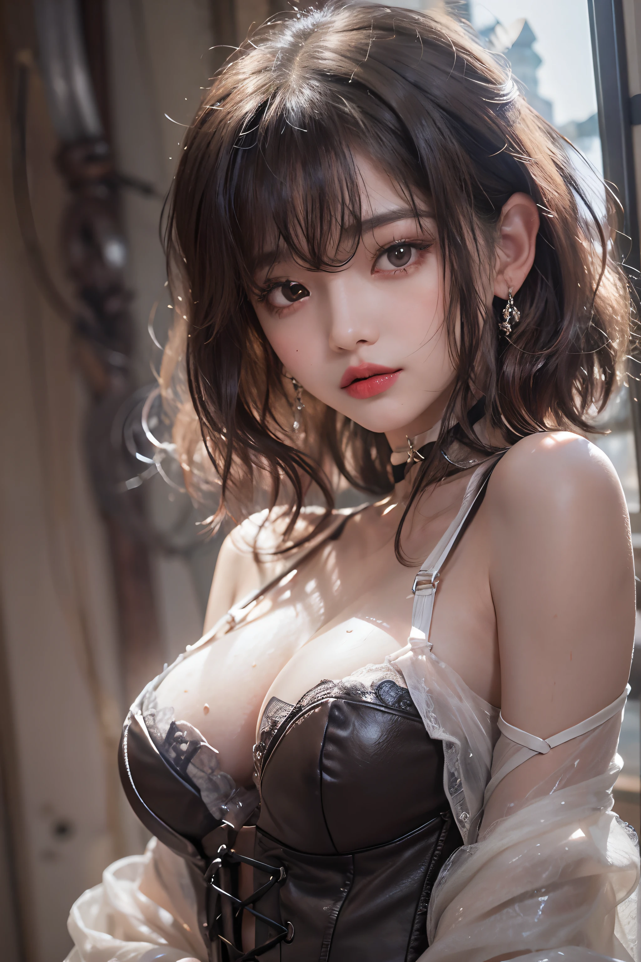 ((upper Shot))、(Photoreal Stick:1.2)、8K UHD、hight resolution、(1girl in)、in her 20s、(looking at view)、(A dark-haired), (Bery short hair)、(Pattsun bangs)、((A wistful look))、(High quality shadows)、Detail Beautiful delicate face、Detail Beautiful delicate eyes、Pretty Kpop Girl、(Korean Urzan Face)、(ulzzang -6500-v1.1:0.6)、pureerosface_v1、gloweyes、perfectbody、 Incredible dynamic range photography(UTIL_Art by Smoose-768:1.1),(wetting hair)、(wetted skin)、 teak、Bright red lipstick、Glossy lips、(a choker)、((Brown eyes))、((Beautiful Finger))、 (Silver Accessories)、Shiny hair、Description beautiful delicate hair、(Lustrous skin)、(Black see-through dress)、(corsets)、(evening)、(Dim concrete ruins)、(Room surrounded by large windows)、(Rays from skylights)、