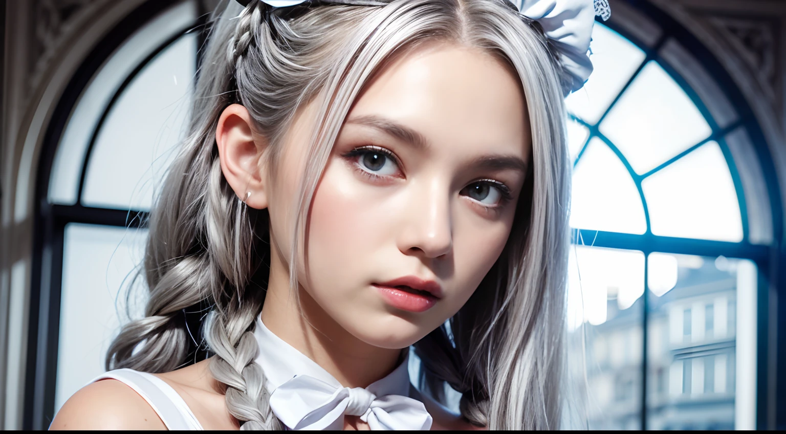 ((silver hair)), ((braid hair)), long hair, ((red eyes)), blue and white French maid outfit, white skin, 21 year old, beauty, 1, slender, extremely beautiful face, exquisite face, seductive look