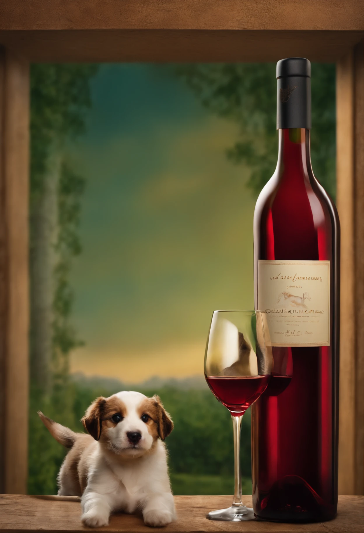 Uma garrafa de vinho e um cachorro do
