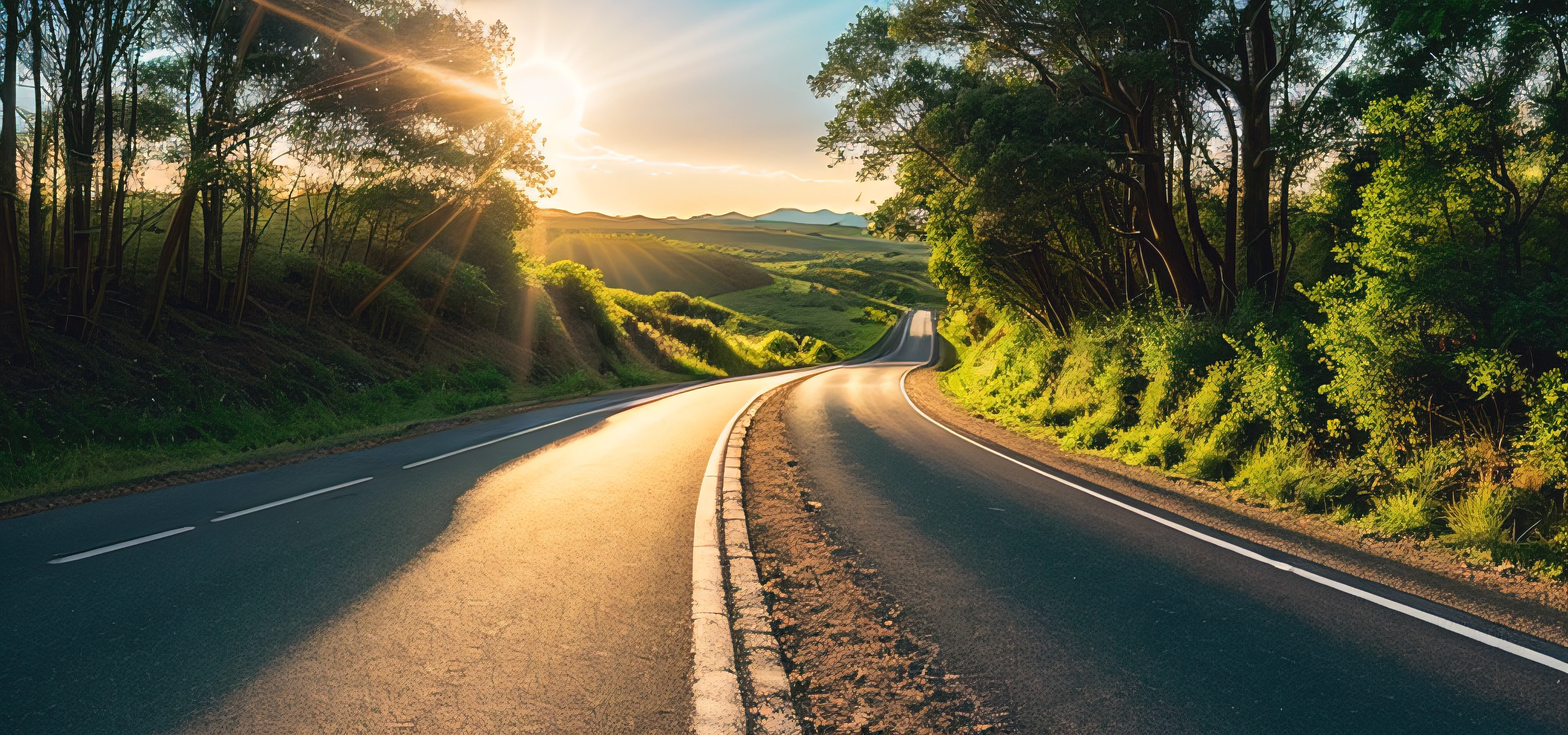 Image of a long and winding road,Bright light leading to the horizon,bright morning,suns rays