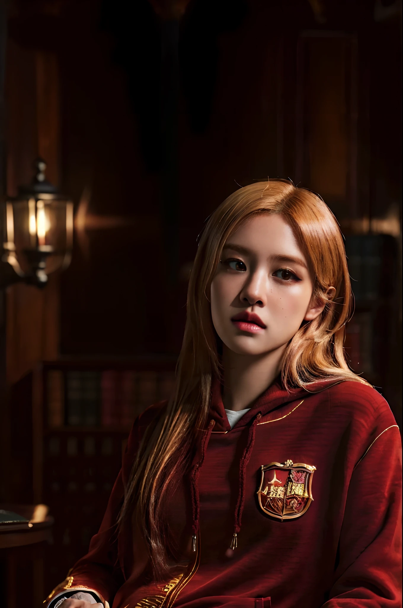 (best quality,4k,8k,highres,masterpiece:1.2),ultra-detailed,(realistic,photorealistic,photo-realistic:1.37), in the Hogwarts school, wearing Gryffindor uniform, Gryffindor hoodie, blonde hair, library,beautiful detailed eyes, beautiful detailed lips, extremely detailed eyes and face,beautiful detailed face,