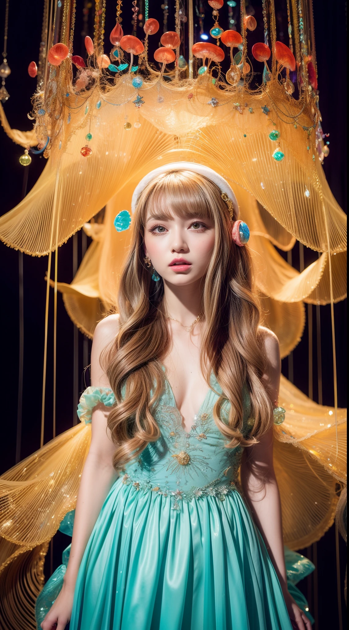 Jellyfish fashion, vibrant Jellyfish scene, Jellyfish style, nostalgic ambiance, energetic Jellyfish floor:0.2 image of a Jellyfish girl, immersed in the vibrant atmosphere of a fantasy case. His attire reflects the fashion trends of the era, soft patterns. The fantasy scene is alive, a fantasy floor, and fantasy around to the rhythm of the bate. The ambiance transports viewers back to the vibrant and energetic, capturing the spirit of fun, freedom, and self-expression that defined the Jellyfish culture, blonde long hair, midshot, centered image, ultra detail, extremely face detail, extremely eye detail, a girl pale skin, small breasts, jellyfish outfit