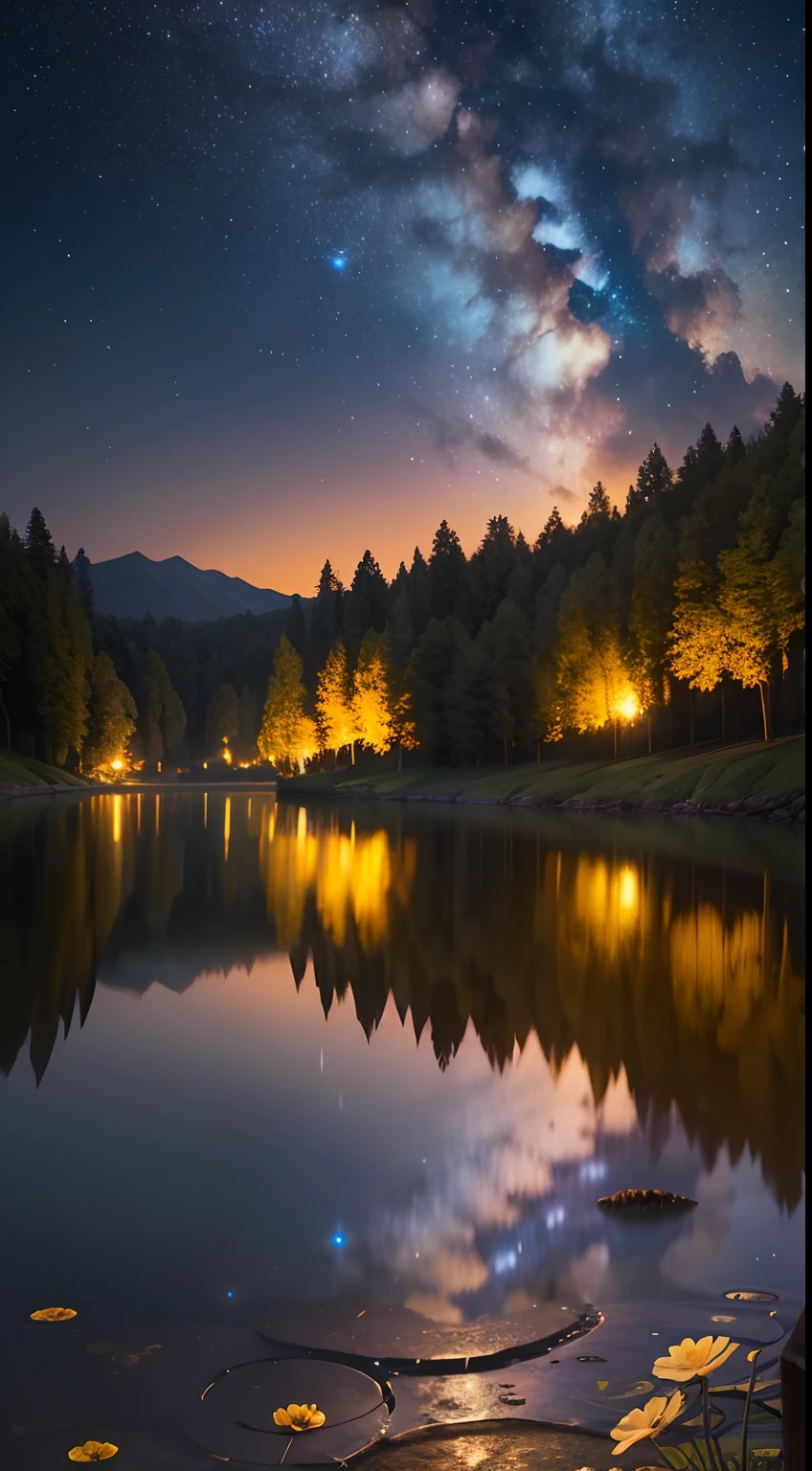 master part, gorgeous, Landscape, (((DDIM_HumaDDIMs))), Noite, flor, Jardim, Starry sky, constellations, atordoante, vista, water, quente, aconchegante, peaceful, Meteoro, cosmico, Magic, magia, particuls, Justo, ((Pirilampos))