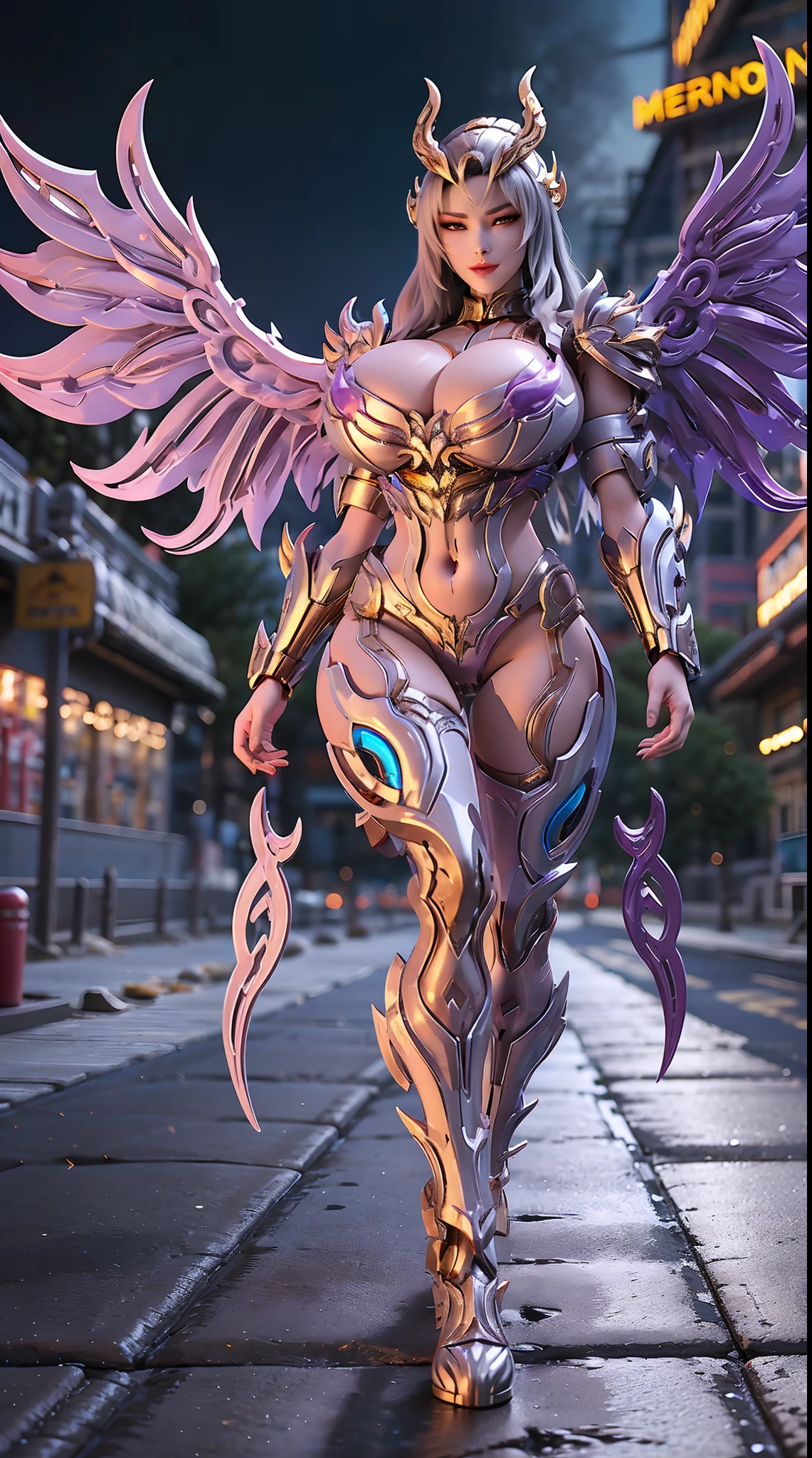 (dragon Queen Helm), (huge Fake Boobs:1.2), (beautiful Face), (purple, Gold, White), (street neon city), (((a Pair Of Gigantic Mechanical Wings Spread Out))), Rainbow Color Futuristic Phoenix Mecha Bodysuit, (cleavage), (skintight Yoga Pants), (high Heels), (perfect Body:1.2), (full Body View), (looking At Viewer), (walking Down:1.2), Sexy Muscular Body, (muscle Abs), Uhd, 8k, 1080p.