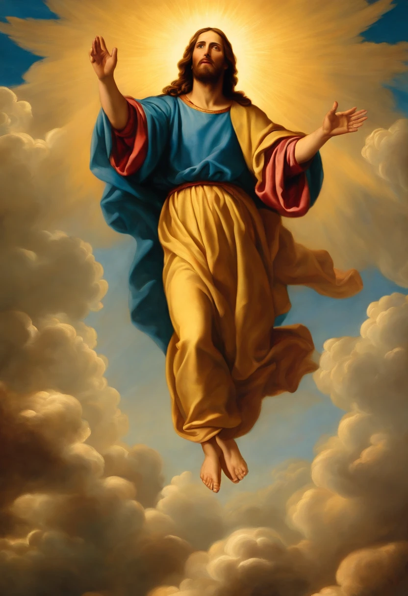 Renaissance painting of Jesus descending from the heavens of dark clouds, several people below, biblical apocalypse
