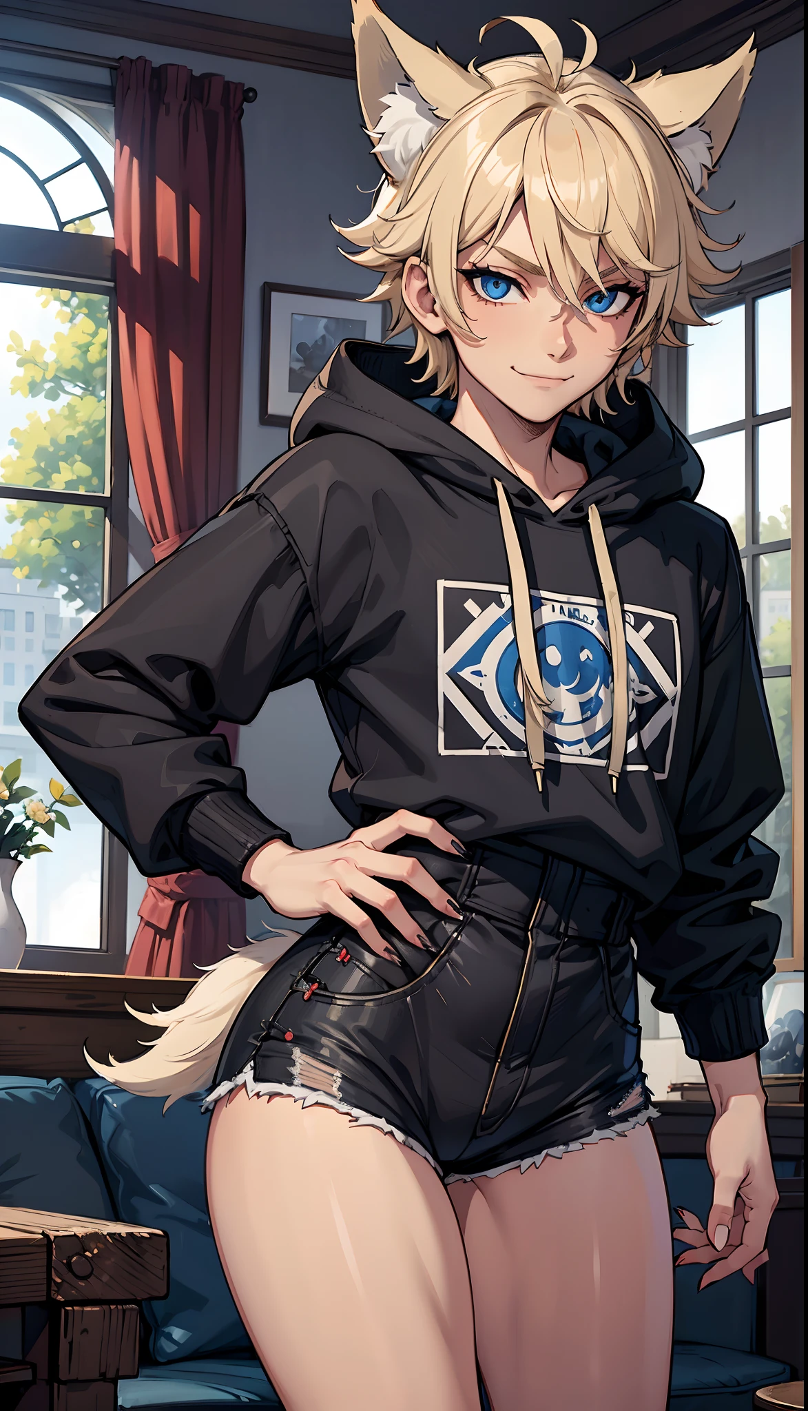 ((1boy)), blue eyes, messy blonde hair, close up view, wolf ears, wolf tail, black hoodie, black booty shorts, slim waist, big thighs, looking at viewer, fang smiling, living room, sharp nails, ultra masterpiece, HD, young, twink, wide hips, joyous