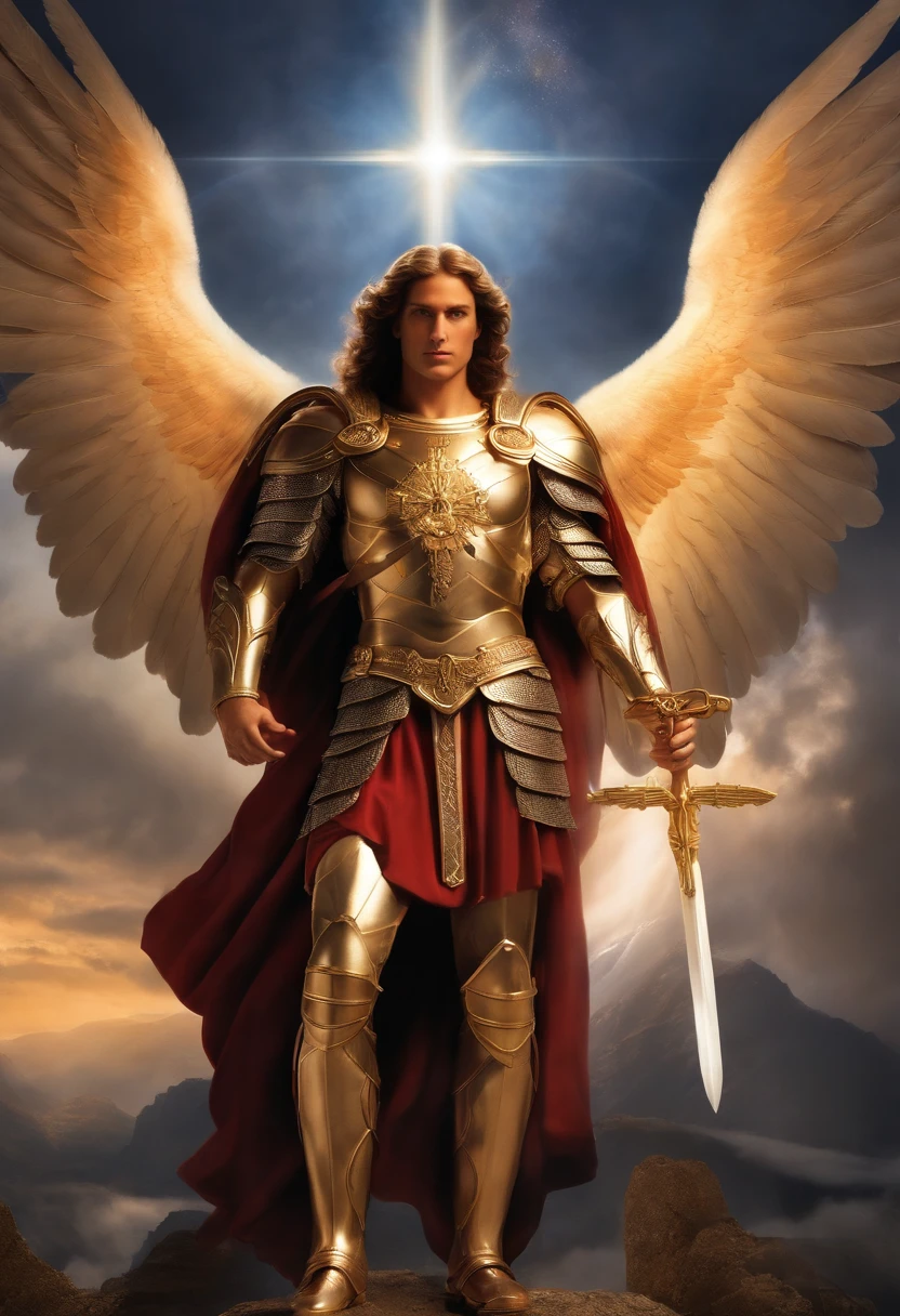 um personagem masculino, o arcanjo Miguel, imagem celestial, detalhes intricados, realista, asas ROSAS e grandes, fundo angelical, Catholic illustrative image of the archangel Michael, Male character of the Bible, Michael is wearing his angelic armor, cosmic background, Illumination in the Archangel and in the background, imagem do corpo todo do anjo, Maximum detail and his angelic face and wings, pele perfeita realista, Maximum image quality, Miguel ele esta destacado na imagem com cores fortes e chamativas.