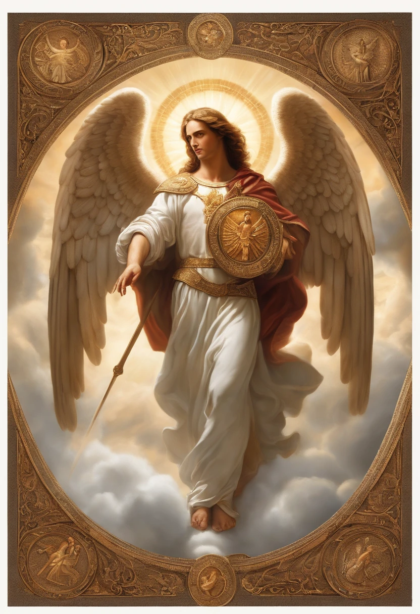 um personagem masculino, o arcanjo Miguel, imagem celestial, detalhes intricados, realista, asas ROSAS e grandes, fundo angelical, Catholic illustrative image of the archangel Michael, Male character of the Bible, Michael is wearing his angelic armor, cosmic background, Illumination in the Archangel and in the background, imagem do corpo todo do anjo, Maximum detail and his angelic face and wings, pele perfeita realista, Maximum image quality, Miguel ele esta destacado na imagem com cores fortes e chamativas.