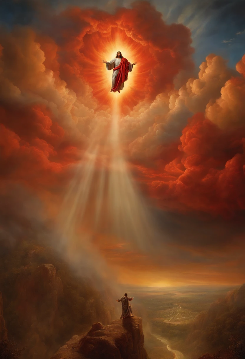 Renaissance painting of Jesus descending from the heavens, fiery red clouds, biblical apocalypse