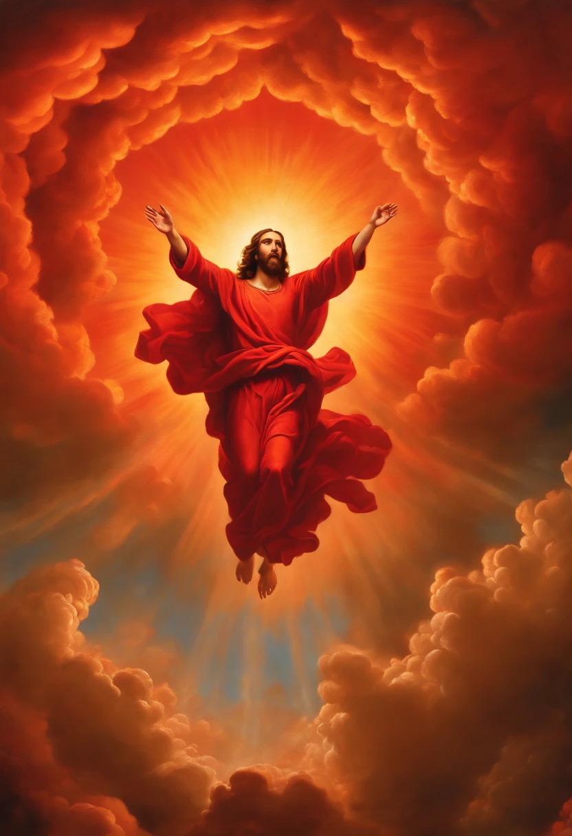 Renaissance painting of Jesus descending from the heavens, fiery red clouds, biblical apocalypse