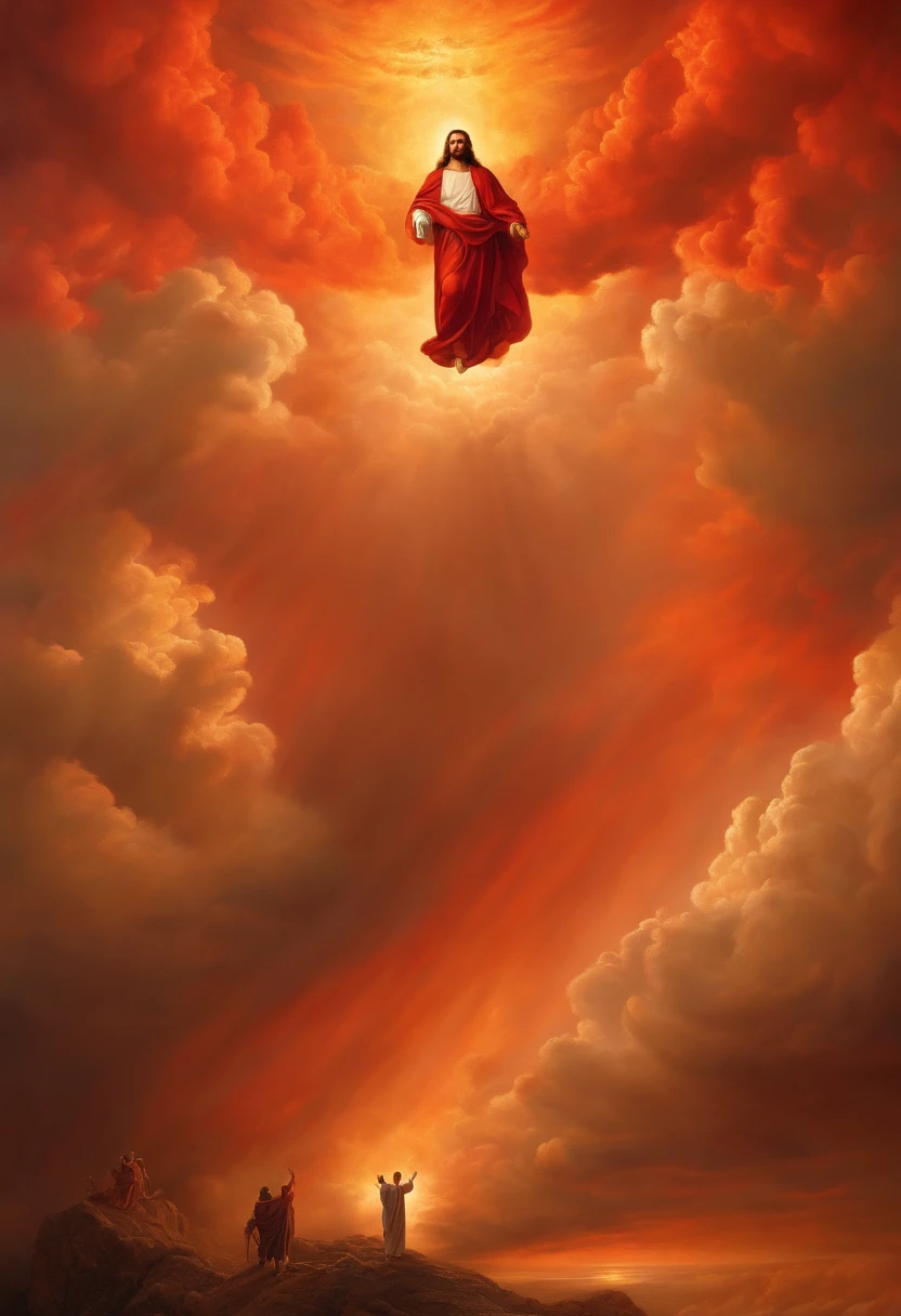 Renaissance painting of Jesus descending from the heavens, fiery red clouds, biblical apocalypse