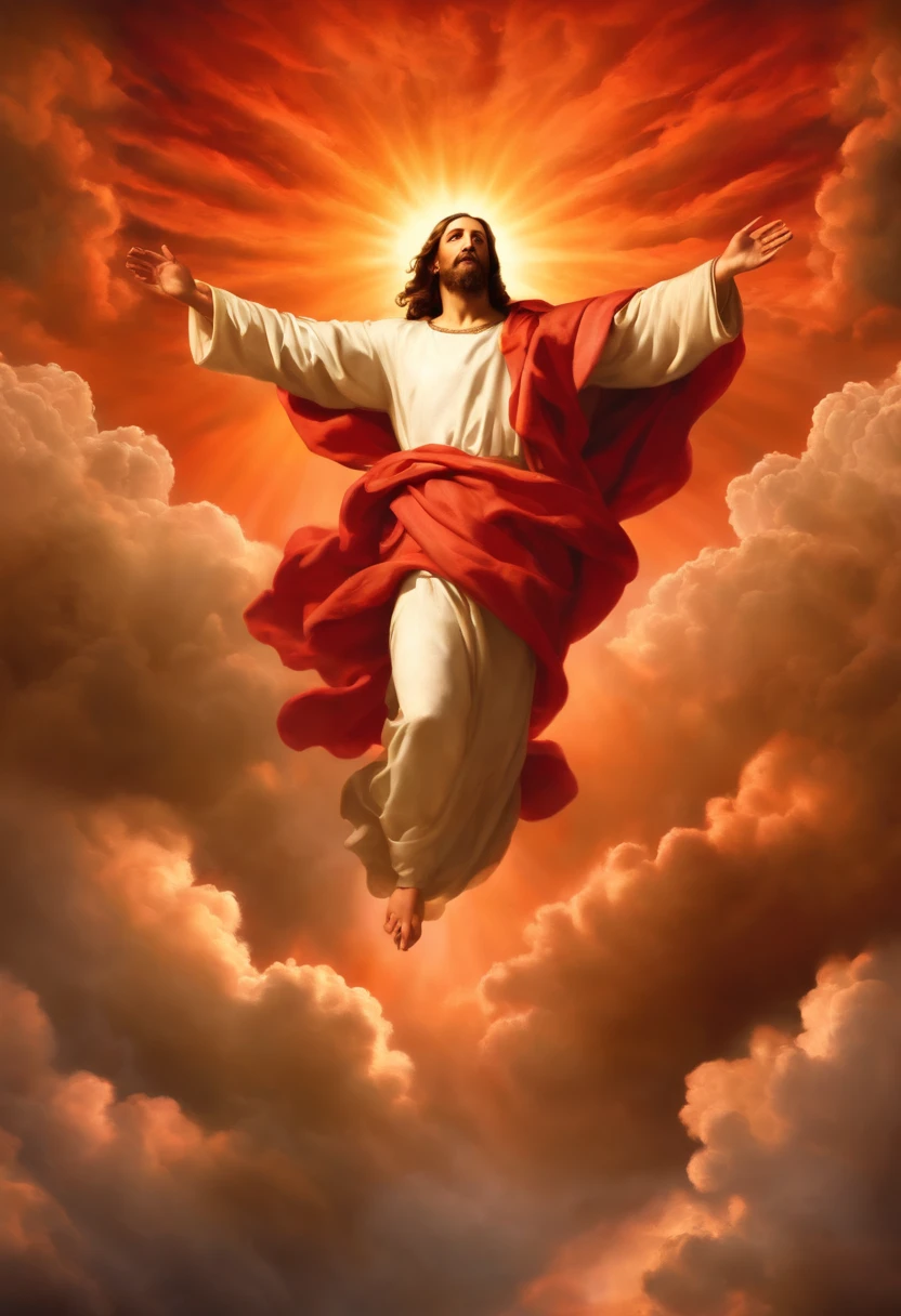 Renaissance painting of Jesus descending from the heavens, fiery red clouds, biblical apocalypse