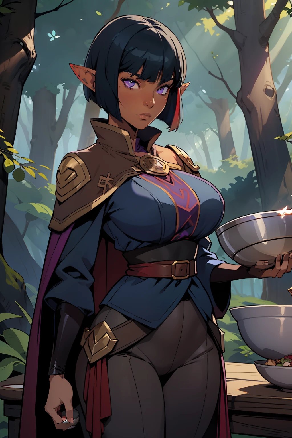 Solo, female, (dark blue skin), black hair, purple eyes, big breasts, crimson cloak, tan tunic, forest, elf ears, (((bowl cut))), modest clothing, tight pants, deadpan expression, looking at viewer