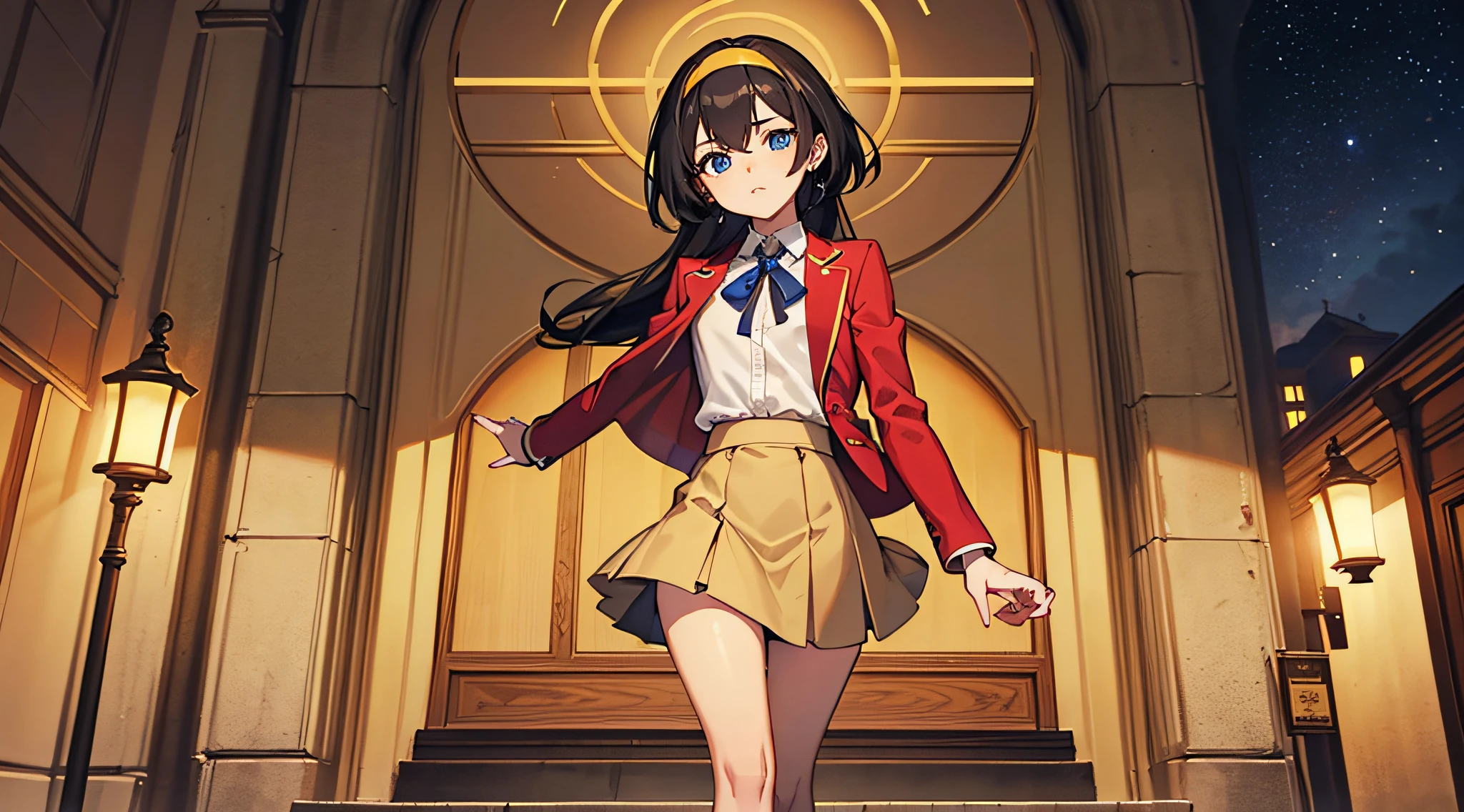 (Masterpiece),(top-quality),Venice,chapel,Large space,Inside the cathedral with high ceilings,Destroyed and the interior is damaged,Bust-up composition, Coming running up to you,Built for cameras,oriented,Awe-inspiring scenery,student clothes, (Red Blazer:1.3),(long-sleeve:1.3),(Yellow headband:1.3),(Beige skirt:1.3),((small udder)),((skinny thigh)),Soft skin, High school students,Tall,Mature body,Nice big blue eyes, (High detail eyes),A look of compassion,Eyes open,Looking at the camera, Black hair, Longhaire,Blue ribbon on chest, Glossy black stockings, Loafer shoes, natta,Illuminated by streetlights,Glittering decoration based on white,Stylish atmosphere,Beautiful scenery,Overhead configuration, f lare, Fine Features, Perfect Anatomy Tommy, Centered, Perfect distance, Highly detailed, with an intricate, acurate, Highly detailed rich colors, taming, Rich colors, clean, Rich colors, elaborate details, golden ratio illustrations