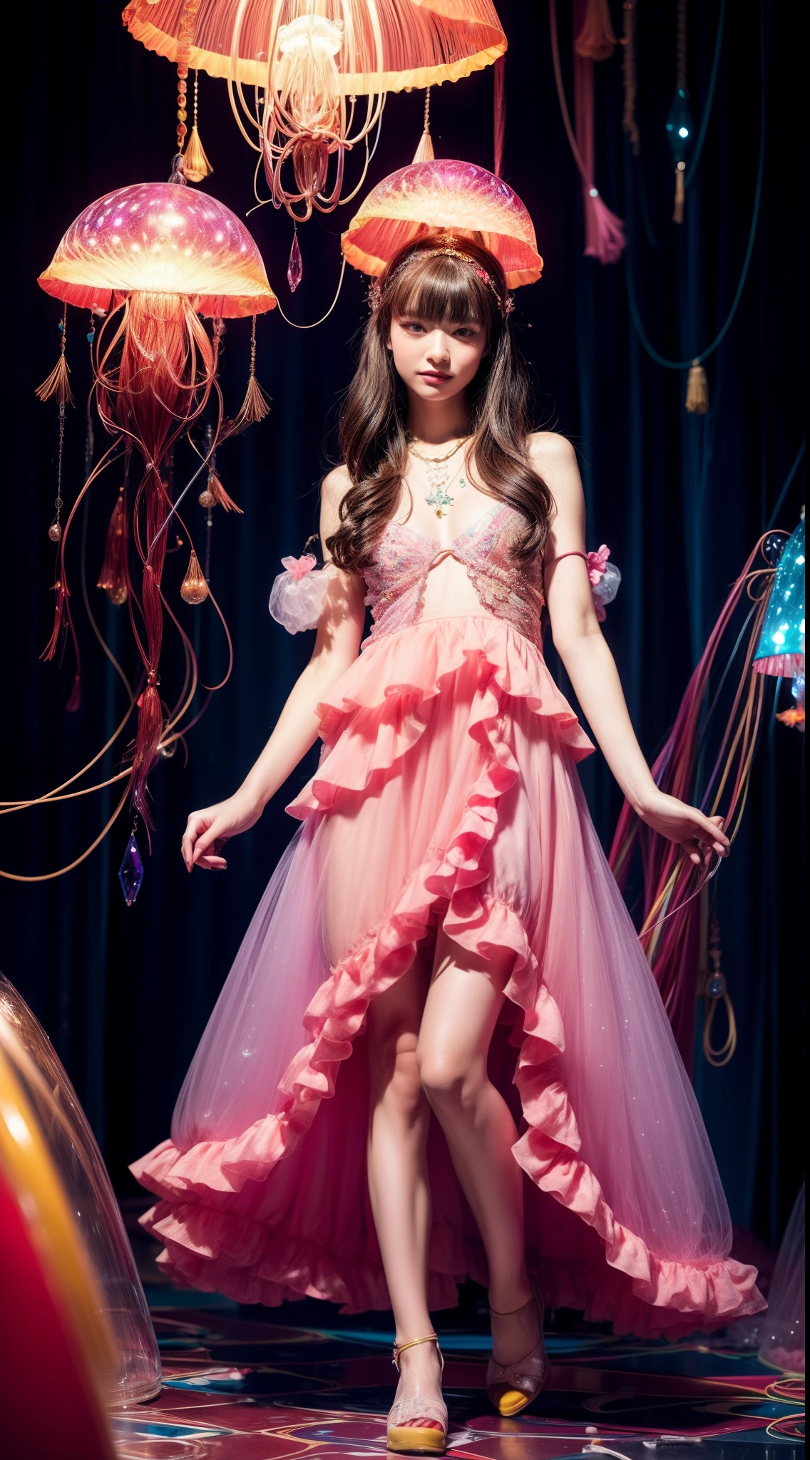 Jellyfish fashion, vibrant Jellyfish scene, Jellyfish style, nostalgic ambiance, energetic Jellyfish floor:0.2 image of a Jellyfish girl, immersed in the vibrant atmosphere of a fantasy case. His attire reflects the fashion trends of the era, soft patterns. The fantasy scene is alive, a fantasy floor, and fantasy around to the rhythm of the bate. The ambiance transports viewers back to the vibrant and energetic, capturing the spirit of fun, freedom, and self-expression that defined the Jellyfish culture, black long hair with bangs, midshot, centered image, ultra detail, extremely face detail, extremely eye detail, a girl pale skin, small breasts, jellyfish outfit