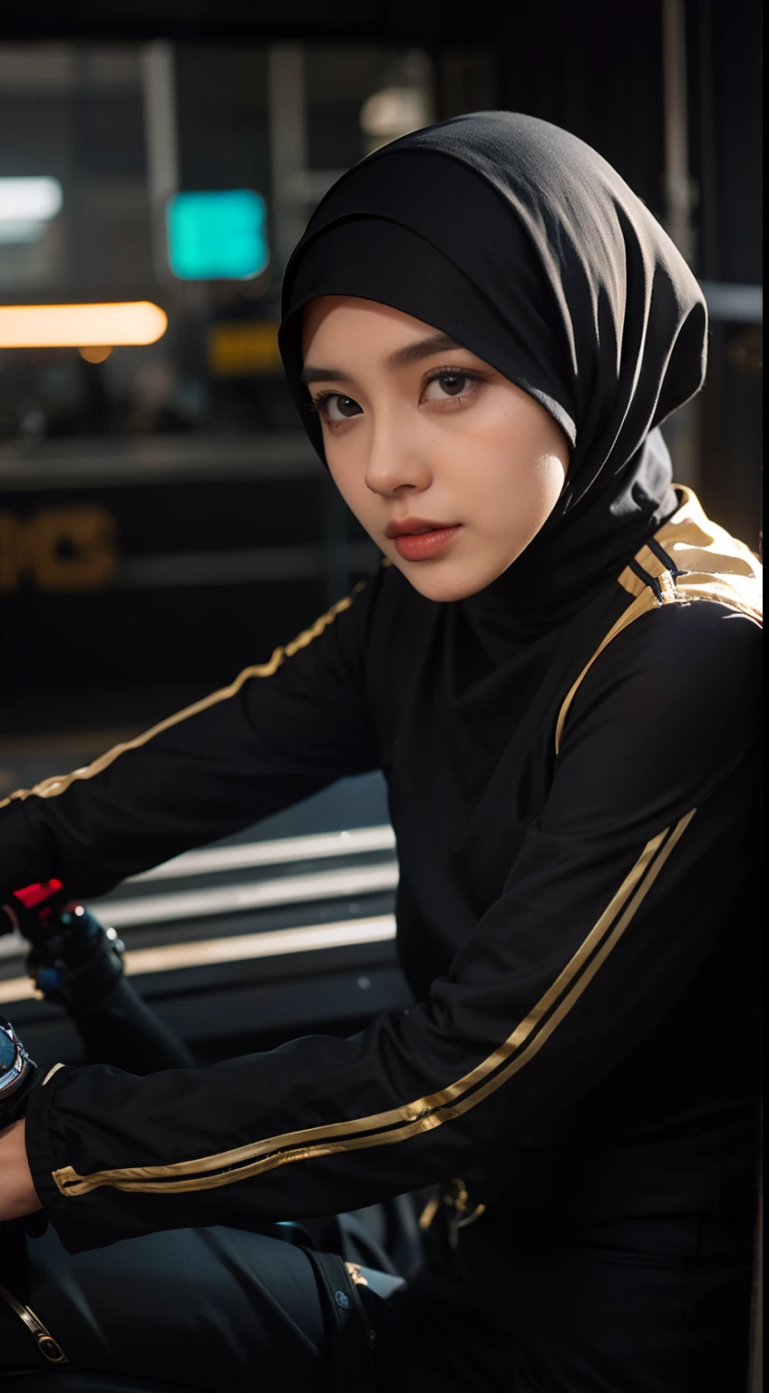 Produce a visually striking 8K AI-generated image of a Malay hijab girl drag racer in his 20s within a steampunk-inspired world. Use photorealism to bring out the racer's personality and determination, while also infusing the image with the intricate and imaginative details of a steampunk setting. Apply depth of field to create a captivating composition that immerses the viewer in the racer's world.