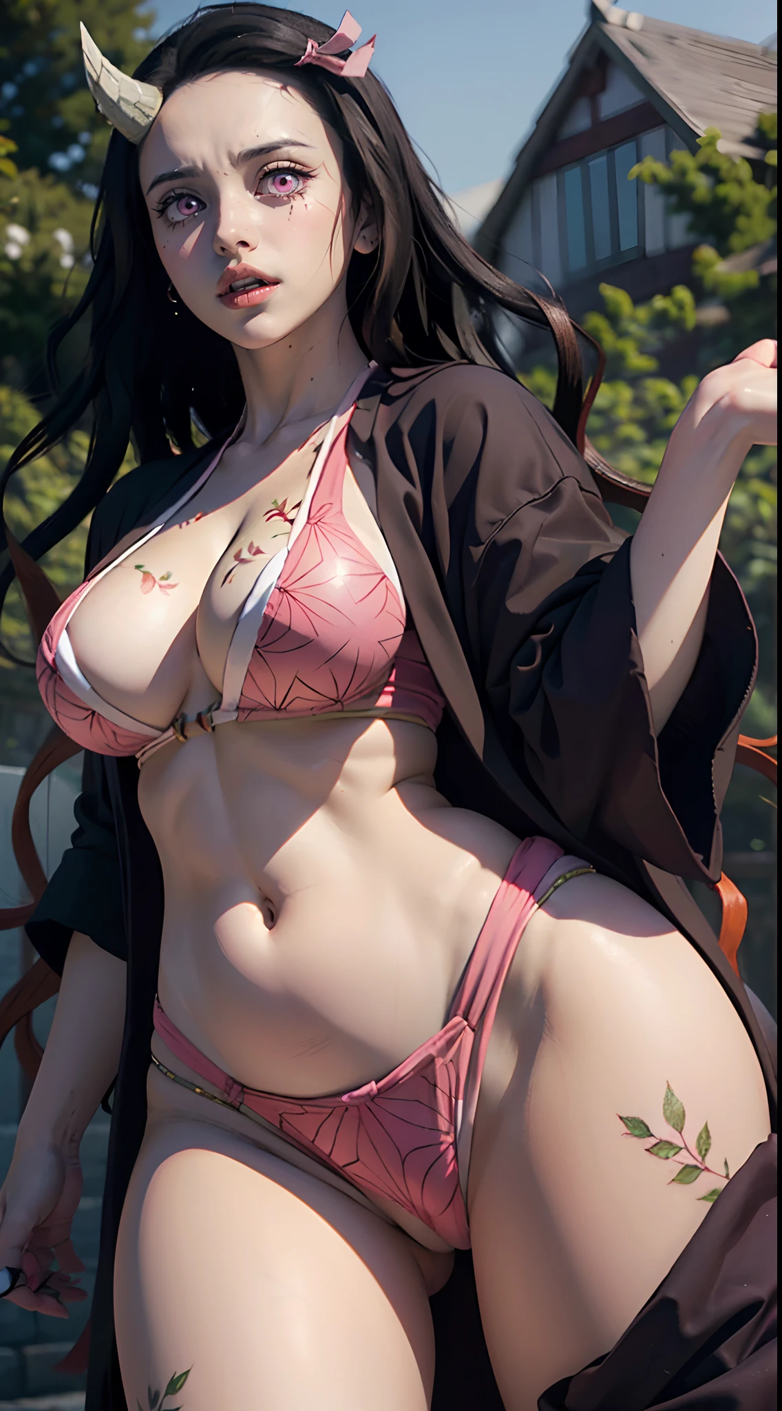 (ultra realistic photo of Nezuko kamado goddess of beauty, bright pink eyes, angry expression with anger, hatred, she has a horn, 8k, UHD, hot girl with ultra giant breasts, huge long breasts sticking out of her kimono, erotic, with hair long black ones with orange tips, sexy pink Japanese kimono, thong stuck in her pussy, pubic hair showing), perfect curved body, Nezuko with a piece of bamboo stuck in her ass, (Nezuko, Nezuko-chan, Art style of Demon Slayer, kimetsu no yaiba), Sexy female anime character, (Nezuko, in her demon form, Huge breasts, giant long breasts sticking out of her clothes, her breasts stick out of her kimono, showing her beautiful pointy breasts), ( The length of her ultra-giant breasts goes down to her toned belly, she has leaf tattoos running down her sexy erotic body), Demon Slayer rui fanart, wielding kunai, Marin Kitagawa Fanart, clean and detailed anime art, a very beautiful berserker woman, by Kamagurka, professional art, perfect detail, (Nezuko Kamado in her demonic form showing her giant and hairy pussy, based on the Demon Slayer kimetsu no yaiba), professional photo taken up close, juicy, succubus, naughty, showing pussy porn