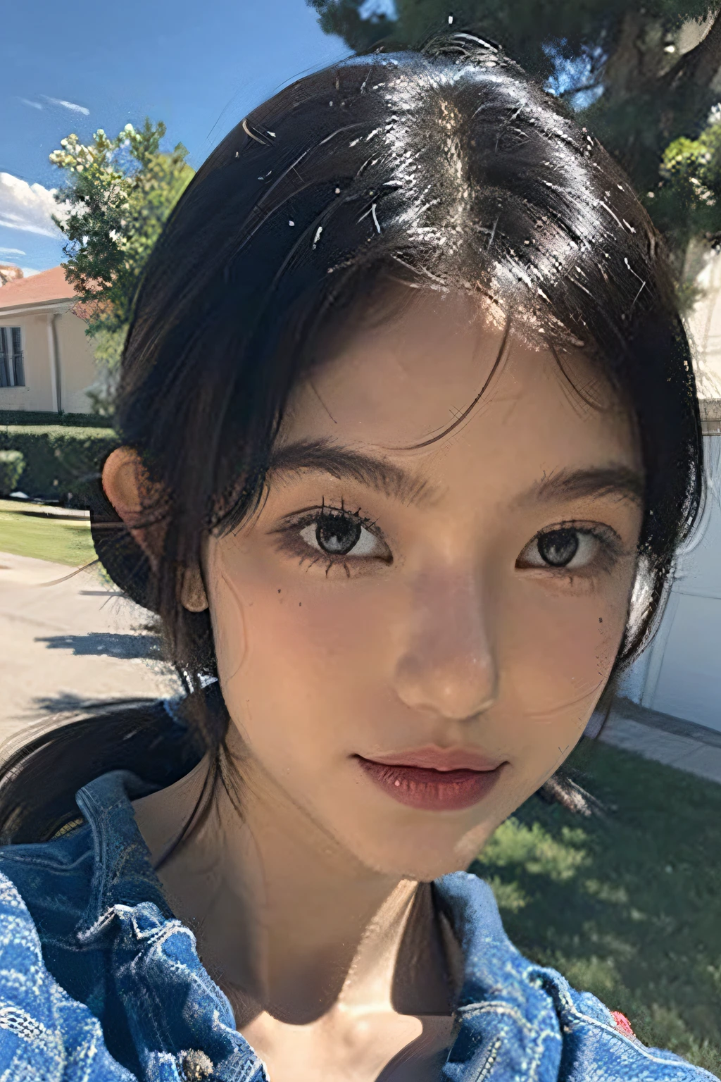 a photo portrait of daniellenewjeans, outdoor, sunny day