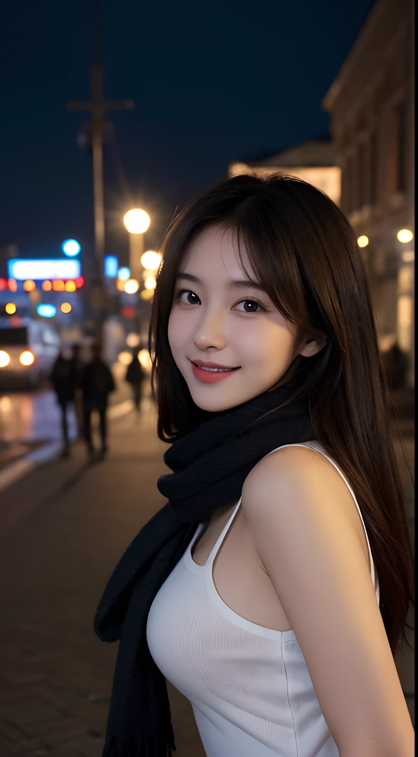 masutepiece, Realistic, 8K, Ultra HD, Photos of street centers show adorable, 27yo. In this photograph, It is clear that she has sharp eyes and a pointed nose, But the smile is cute. Her breasts are large in size. Maximized and strengthened the contours of her breasts. Although sexy、Still in the normal stage. The photo was taken at a street center in Russia、Good lighting、It creates a cinematic atmosphere. She also、Seen wearing an adorable scarf.