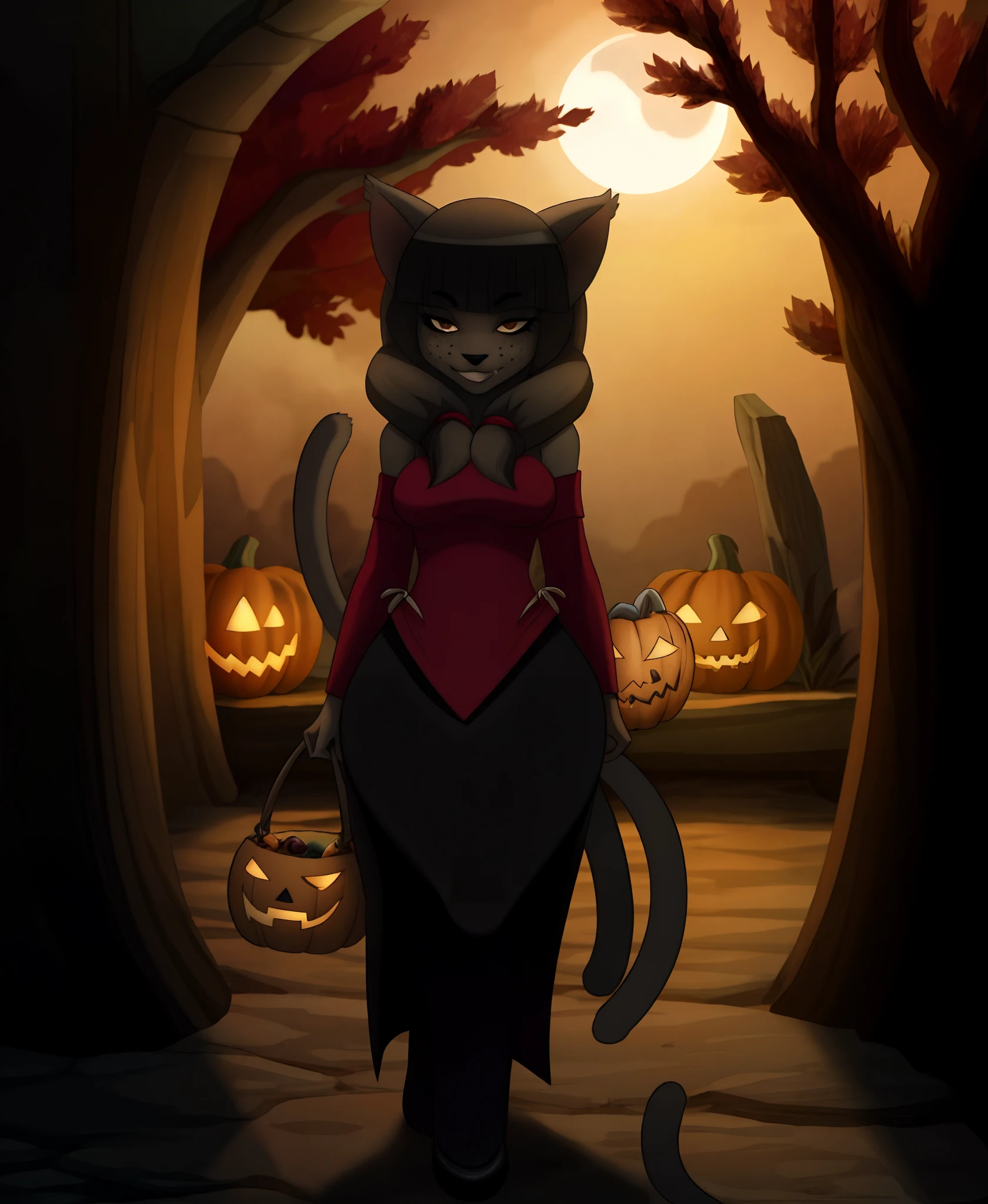 1girl, dark skin, cat ears, bangs, long hair, freckles, full body, detailed background, a moonlit Halloween night with an enchanting atmosphere, a black cat dressed as a witch, (her sleek fur blending perfectly with the darkness), playfully teasing with every twist and turn, as she ventures from house to house, she embraces the spirit of "trick or treat" with a mischievous gleam in her eyes,