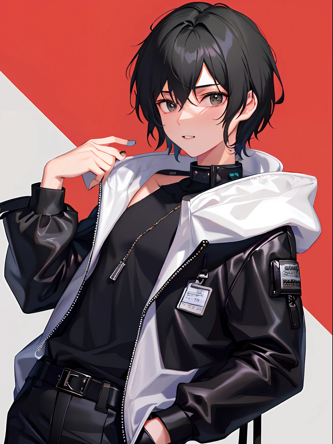 Skinny 15 year old boy with short black hair wearing a black blouse with a jacket on top with his hand in his pocket