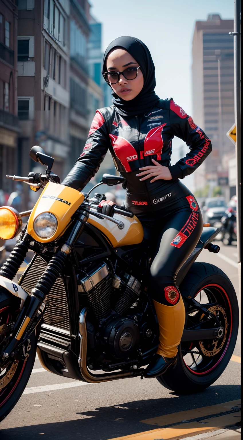 Produce a visually striking 8K AI-generated image of a Malay hijab girl drag racer in his 20s within a steampunk-inspired world. Use photorealism to bring out the racer's personality and determination, while also infusing the image with the intricate and imaginative details of a steampunk setting. Apply depth of field to create a captivating composition that immerses the viewer in the racer's world.