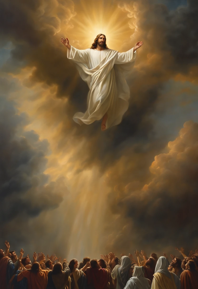 Oil painting of Jesus descending from the heavens of dark clouds, several people below, biblical apocalypse