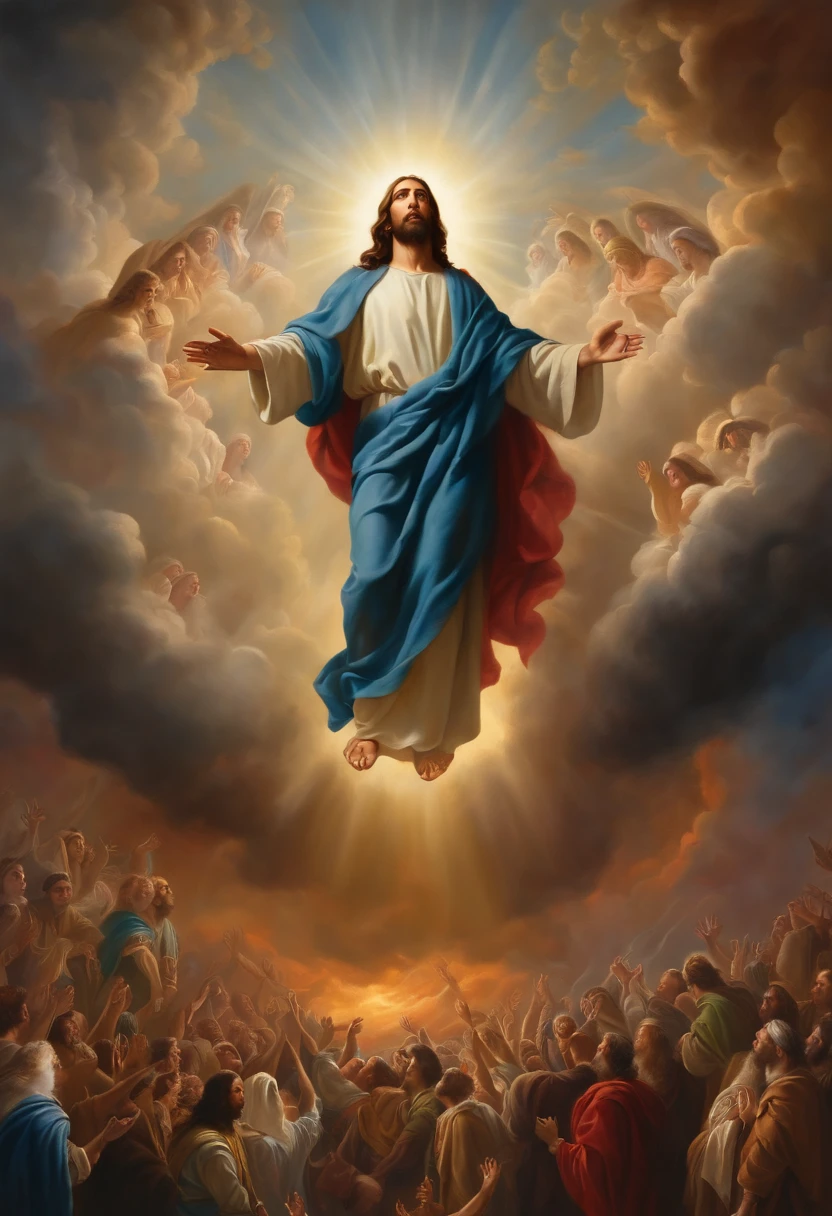 Oil painting of Jesus descending from the heavens of dark clouds, several people below, biblical apocalypse