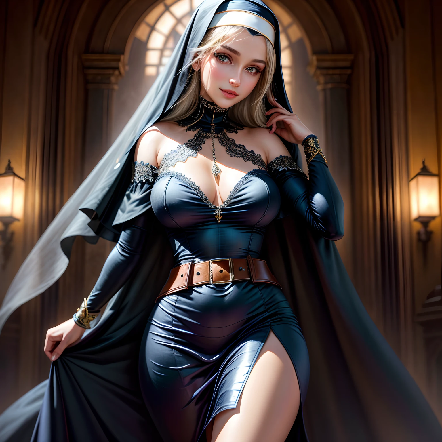 best quality,ultra-detailed,realistic,photorealistic,portrait,beautiful detailed eyes,beautiful detailed lips,extremely detailed eyes and face,longeyelashes, flirty smile, 1girl,nun,wearing scapular,wearing tunic,wearing veil,wearing belt,wearing rosary,minimal accessories,soft lighting,vivid colors