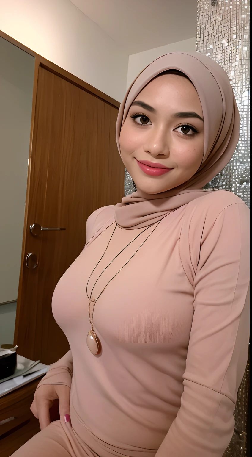 ((Best quality, 8k, Masterpiece :1.3)), 1 malay girl, beautiful woman with emphasis on slim abs: 1.3, (short bob with bangs hairstyle, big breasts: 1.2), casual wear: 1.2, interior, ultra-detailed face, delicate eyes, double eyelids, soft breasts, smile, exposed cleavage