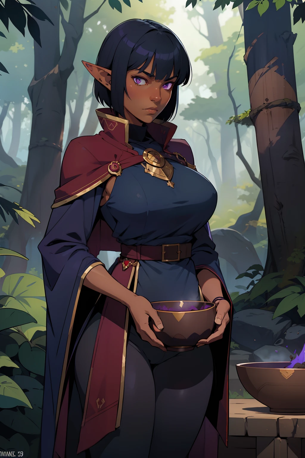 Solo, female, (dark blue skin), black hair, purple eyes, , crimson cloak, navy ((tunic)), forest, elf ears, (bowl cut), modest clothing, tight tan pants, deadpan expression, looking at viewer