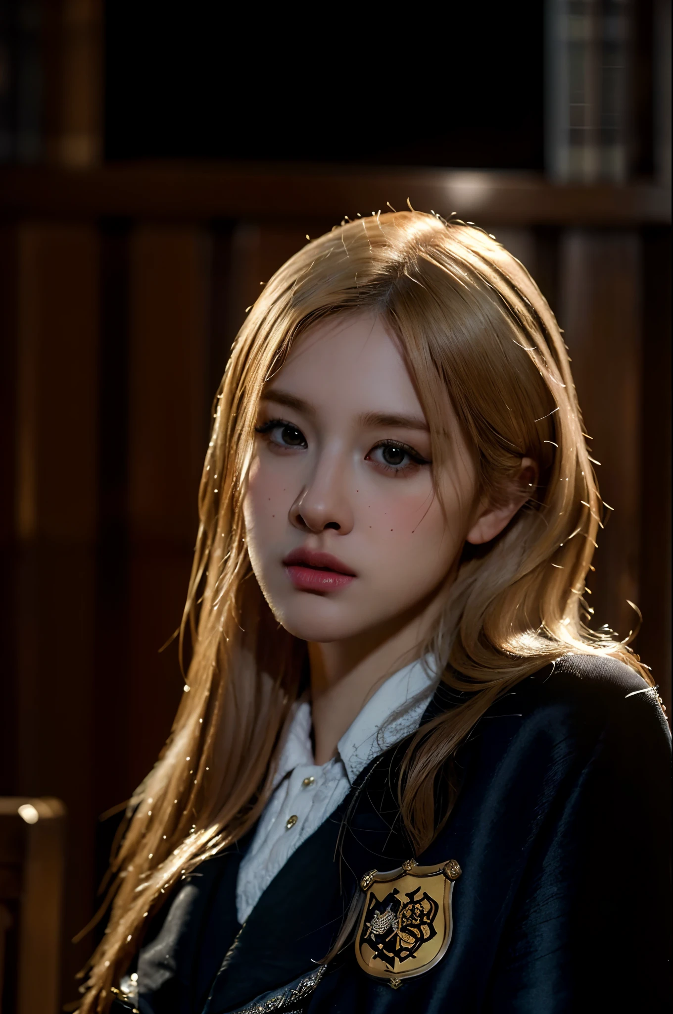 (best quality,4k,8k,highres,masterpiece:1.2),ultra-detailed,(realistic,photorealistic,photo-realistic:1.37), in the Hogwarts school, wearing Hufflepuff blazer, Hufflepuff logo, blonde hair, library, beautiful detailed eyes, beautiful detailed lips, extremely detailed,beautiful detailed face,