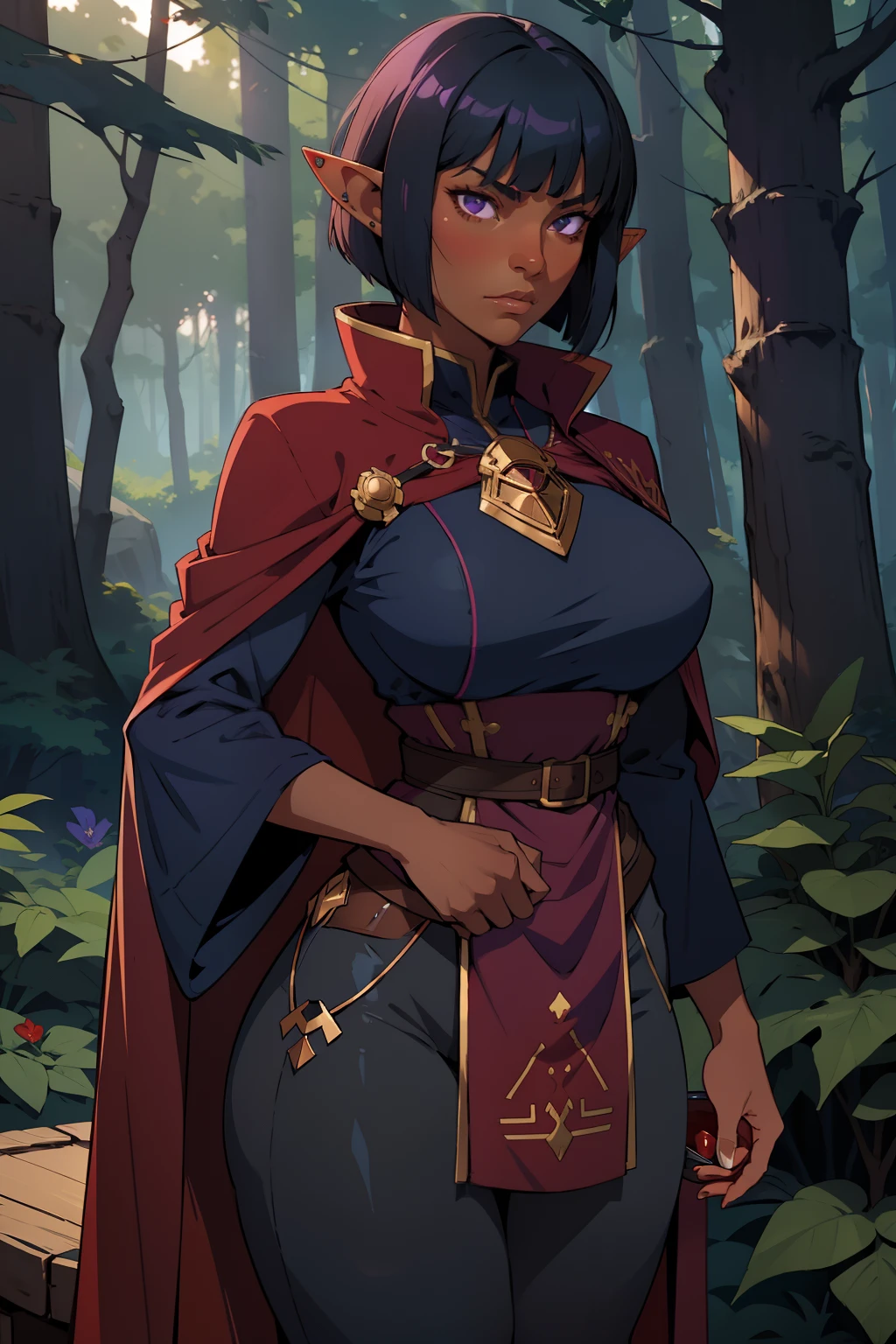 Solo, female, (dark blue skin), black hair, purple eyes, big breasts, crimson cloak, navy ((tunic)), forest, elf ears, (bowl cut), modest clothing, tight tan pants, deadpan expression, looking at viewer