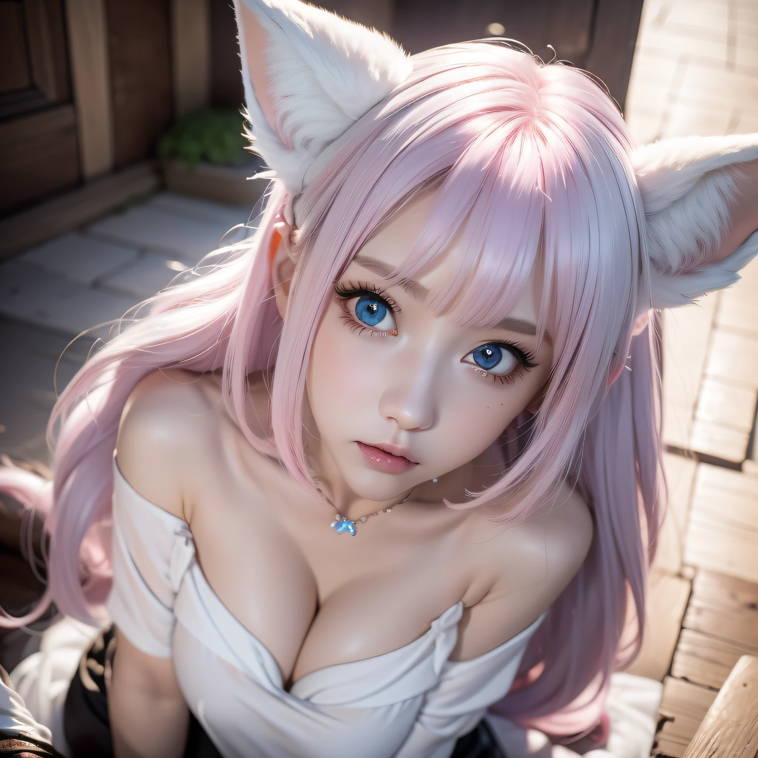 ((((full body Esbian))))、Full body,Two Miss Fox Demons,Fox Devil Fox Years White Hair Girl,Sexy and feminine,Fluffy fox ears,fox tails,No ears,reddish tones,The beauty of fox ears alone,Cover chest,Clan girls,Fox's eye,Enchanted,Charming, K, best qualtiy, tmasterpiece, Raised sexy, Highly detailed face and eyes, professional make up, ,, glow blue eyes,Pink-haired girl with fox ears、Camera angle from above、Looking here、