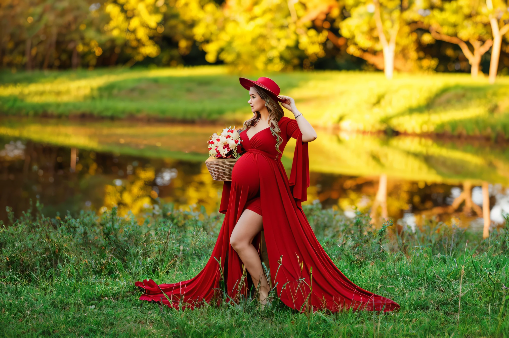 Pregnant woman in red dress and hat standing in front of a pond, Red dress and magic witch hat, red dress and hat, tiro de comprimento total, cores vermelhas ricas, modeling photography, full body photoshoot, vestido com um belo manto vermelho, award winning photo shoot, autumn season, Temporada de outono, fotografia materna 4K, Cabo vermelho longo, vestido em veludo vermelho