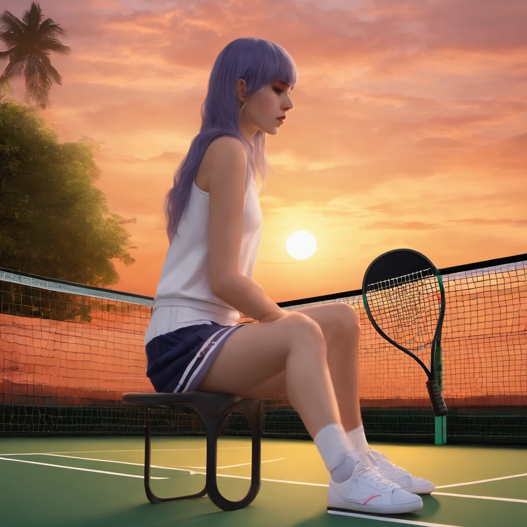 beautiful 15 years femboy, sweaty, short skirt, skinny pale, tennis court, sunset