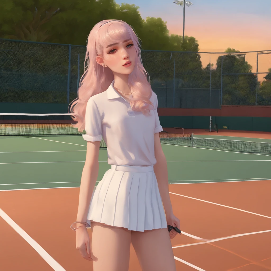 beautiful femboy, sweaty, short skirt, skinny pale, tennis court, sunset