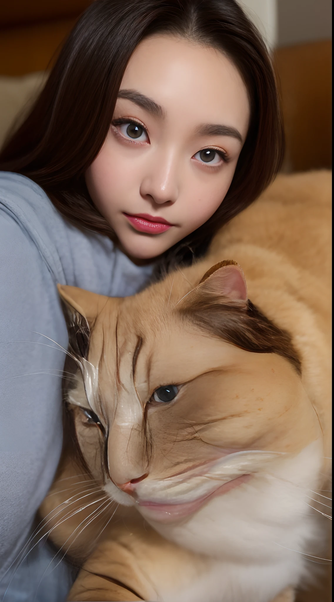 ((Night, Best Quality, 8K, Realistic)), Half Body: 1.4, Slender Abs: 1.2, (Long dark brown hairstyle, Medium Breasts: 1.2)), (Tight shirts, Tight shorts, Sleeping: 1.2, Ragdoll Cat), (Indoor, Bed, Realistic bed background, Night lights), Highly detailed face and skin texture, detailed eyes, double eyelids, exposed a little cleavage, face looking at the camera, top angle camera view, 1 person, (Holding the camera, Holding the cat, Selfie: 1.2)