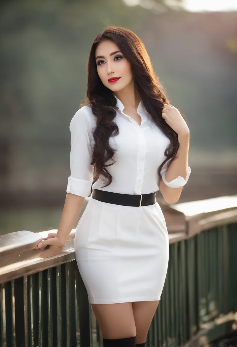 Best Quality, Full Body Portrait, Delicate Face, Beautiful Face, Big Eyes: 1.1, Makeup: 1.2, 25 Years Old Woman, Slim Body, Small Bust, OL Uniform, Female White Collar Uniform, Office Uniform, Black Stockings, Outdoor Scene, Standing, Long Hair, Nudity, Nudity, Nudity