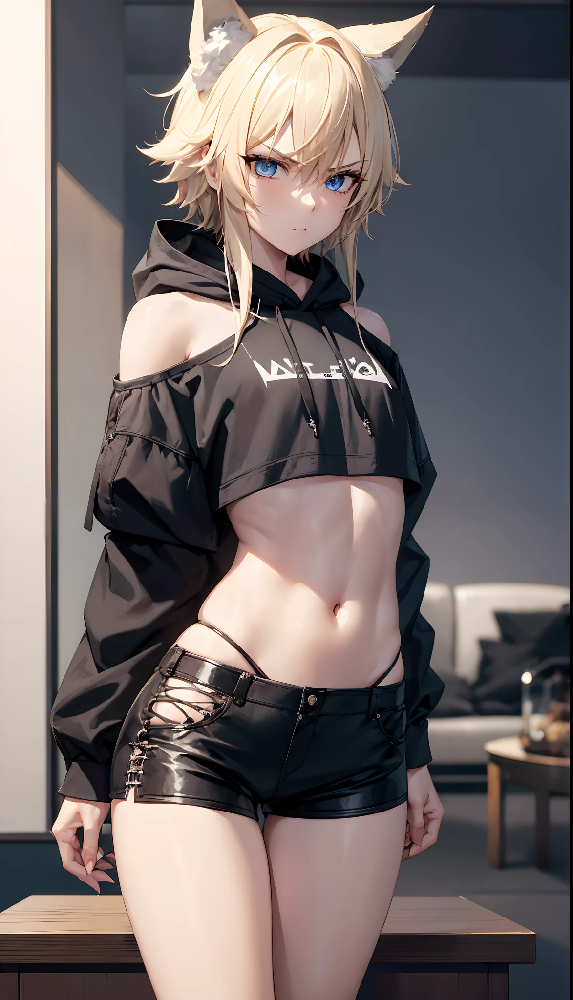 ((1boy)), blue eyes, messy blonde hair, close up view, wolf ears, wolf tail, black hoodie, black booty shorts, slim waist, big thighs, looking at viewer, angry, living room, sharp nails, ultra masterpiece, HD, wide hips