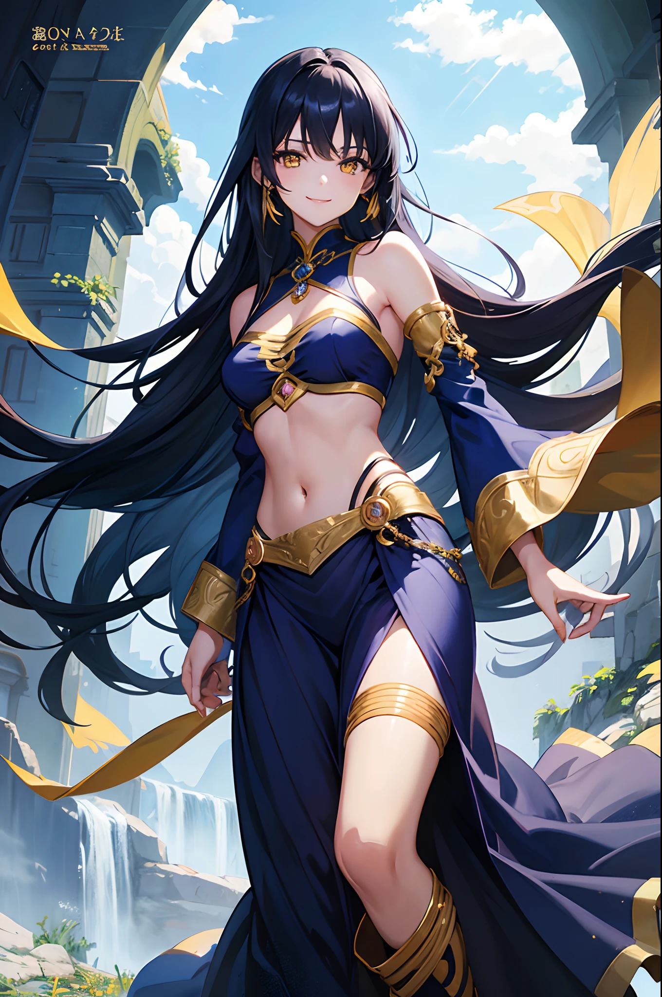 (best quality, masterpiece 1.2), detailed, 1 girl, alone, looking at viewer,
simple background, dynamic pose, smile, WELL detailed eyes,
  full body, BLUE eyes, dark hair, LONG HAIR, WITH BANGS
WARRIOR, mature woman, ONE SHOULDER ARMOR, , miniskirt,
  bokuman IMPROVE HANDS