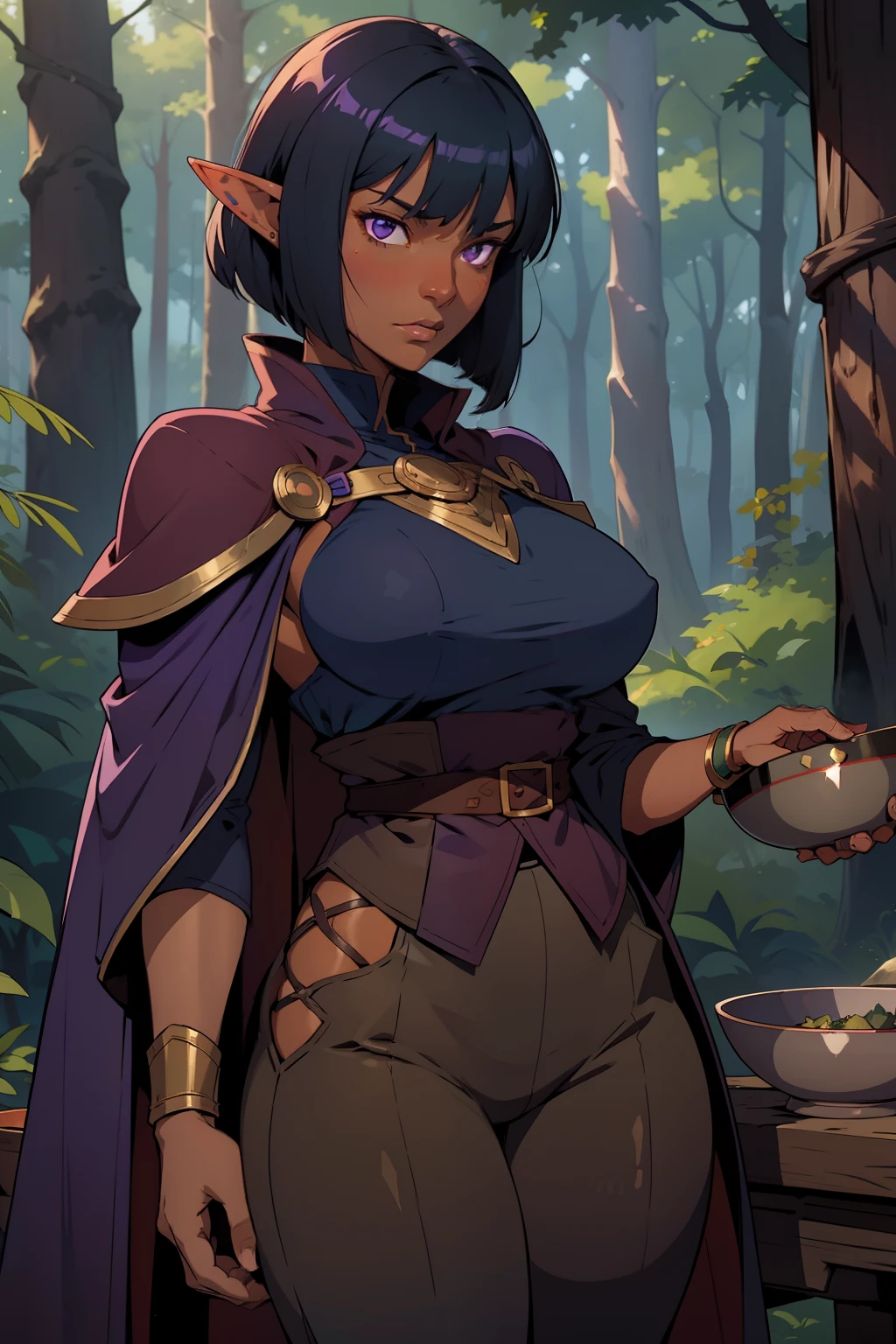 ((masterpiece, best quality)), (1girl), ((mature female)), small breast, black very short curl hair, elf, Realistic full body portrait, brave, Archer, DND style, black skin, black people, dark skin. sitting in front of a table.