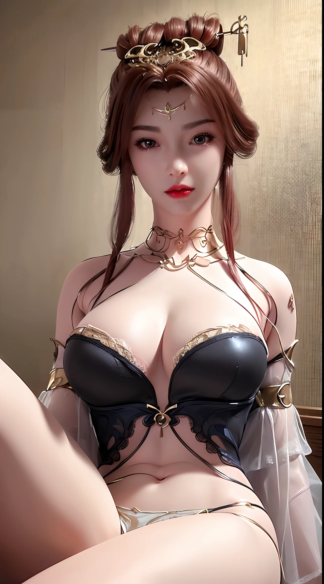 1 beautiful and sexy 20 year old girl, ((wear lingerie that exposes the chest and breasts:2)), ((super sexy black lingerie:2)), waist-length brown hair, jewelry elaborately made from precious stones and beautiful hair, ((wearing a 24k gold lace necklace:1.4)), the noble, noble style of an extremely beautiful girl, her small face is super cute, her face is very pretty, thin eyebrows, flawless beautiful face, ((black eye pupils: 0.8)), very beautiful eyes, ((brown eyes: 1.6)), (((big round eyes:1.6))), nice makeup and hair detailed eyelashes, steamy eye makeup, high nose, earrings, red lips, ((closed mouth: 1.5)) beautiful lips, slim hands, most beautiful thighs, ((arms spread out to the sides: 1.5)), rosy face, clean face, flawless beautiful face, smooth white skin, (big breasts: 1.5)), tight breasts, beautiful cleavage, (((big breasts and super round: 1.8))), beautiful breasts, perfect body, back arms, chest out, ((sitting position, leaning back with hands behind and chest raised high: 1.8)), ((Open your legs:1.5)), not ashamed, 8k photo, super high quality, super realistic, super 10x pixels, optical, bright studio, bright edges, dual-tone lighting, (high-detail skin:1.2), super 8k, soft lighting, high quality, volumetric lighting, photorealistic, photorealistic high resolution, lighting, best photo, 4k, 8k quality, smooth sharp, 10x pixel, ((Romantic bedroom and white bed background:1.5)), aurora, lightning, super graphics realistic, most realistic graphics, 1 girl, alone, solo, Extremely sharp image, surreal, (((upper body: 1.5)))."