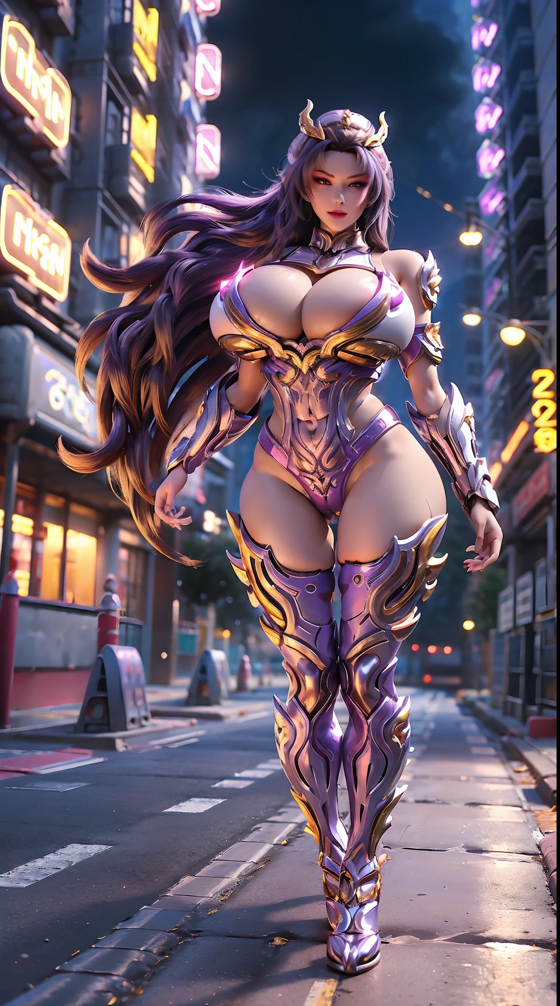 (dragon Queen Helm), (huge Fake Boobs:1.2), (beautiful Face), (purple, Gold, White), (street neon city), Rainbow Color Futuristic Phoenix Mecha Bodysuit, (cleavage), (skintight Yoga Pants), (high Heels), (perfect Body:1.2), (full Body View), (looking At Viewer), (walking Down:1.2), Sexy Muscular Body, (muscle Abs), Uhd, 8k, 1080p.