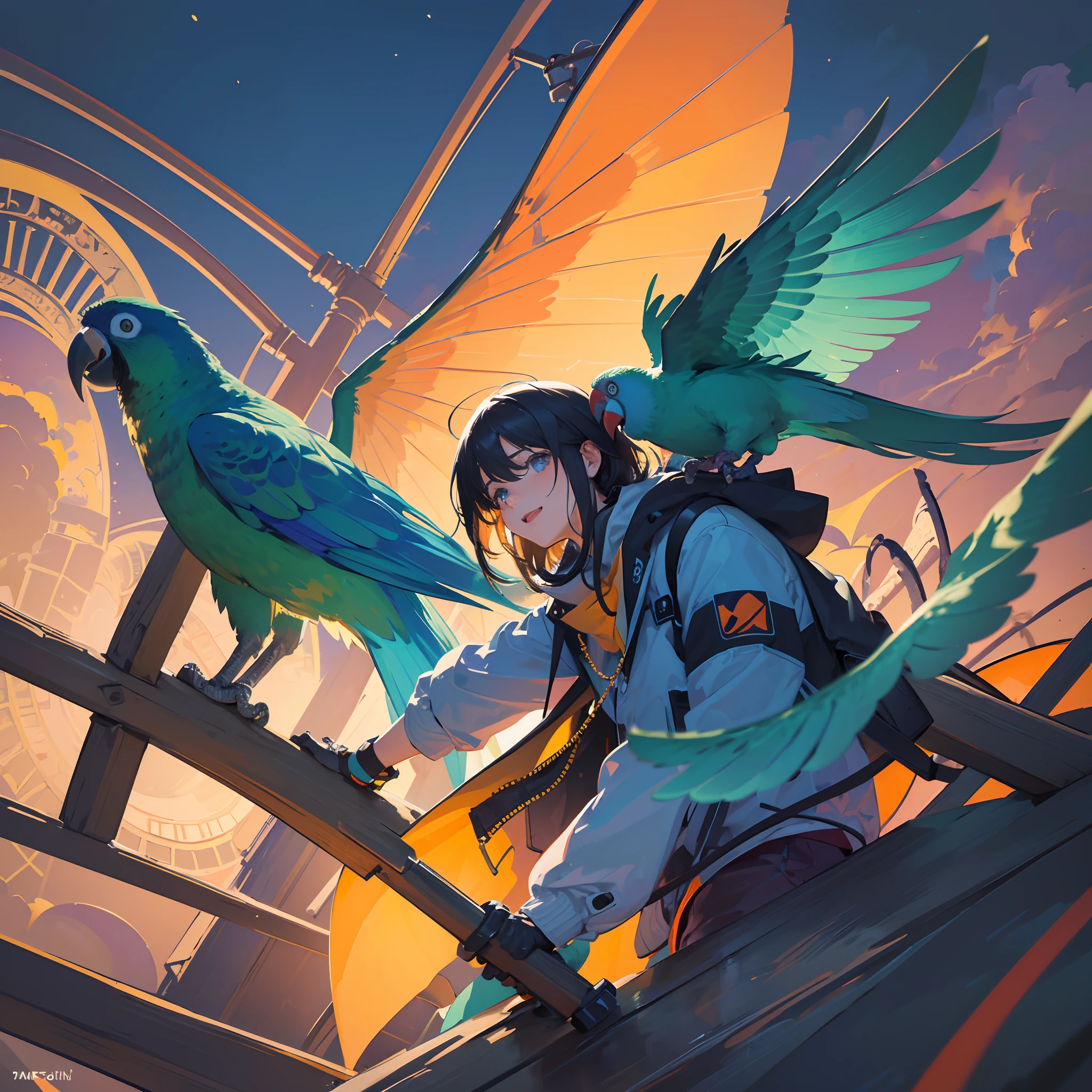 (best quality, ultra-detailed, realistic:1.2),illustration-style,vivid colors,night sky,energetic Halloween town with street lights,adorable parrot overlooking the city from the rooftop,the parrot spreading its wings widely in a pop art atmosphere.