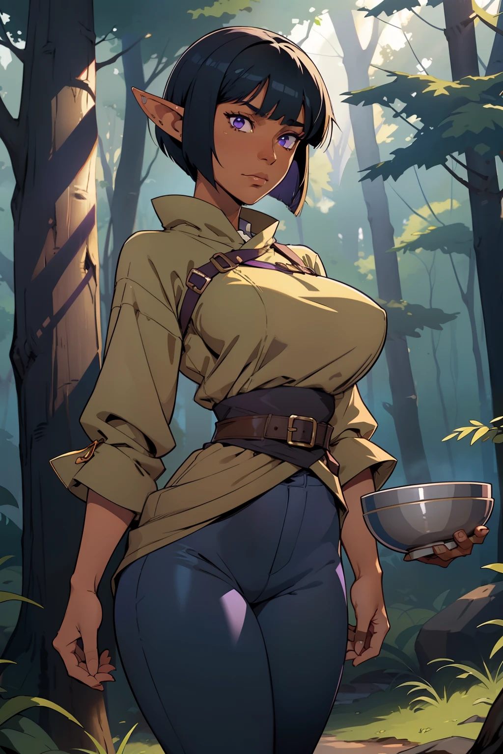 Solo, female, (dark blue skin), black hair, purple eyes, big breasts, tan tunic, forest, elf ears, (bowl cut), modest clothing, tight brown pants, deadpan expression, looking at viewer, breasts