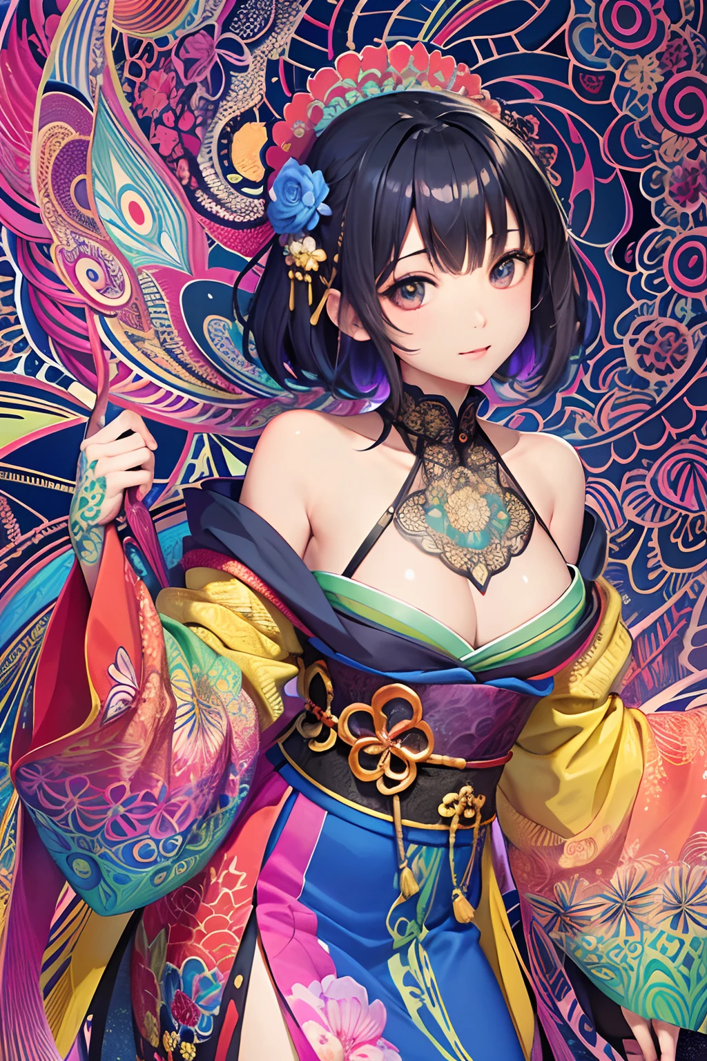 (masterpiece、top-quality、top-quality、Official Art、Beautifully Aesthetic:1.2)、(1girl in:1.3)、ighly detailed、(Fractal art:1.1)、(colourfull:1.1)(florals:1.3)、highestdetailed、(Zentangle:1.2)、(dynamicposes)、(abstract background:1.3)、(shinny skin)、(many colors:1.4)、、(耳Nipple Ring)、(pluma:1.5)、(Flamethrower:1.3)、Red background、kimono、japanes